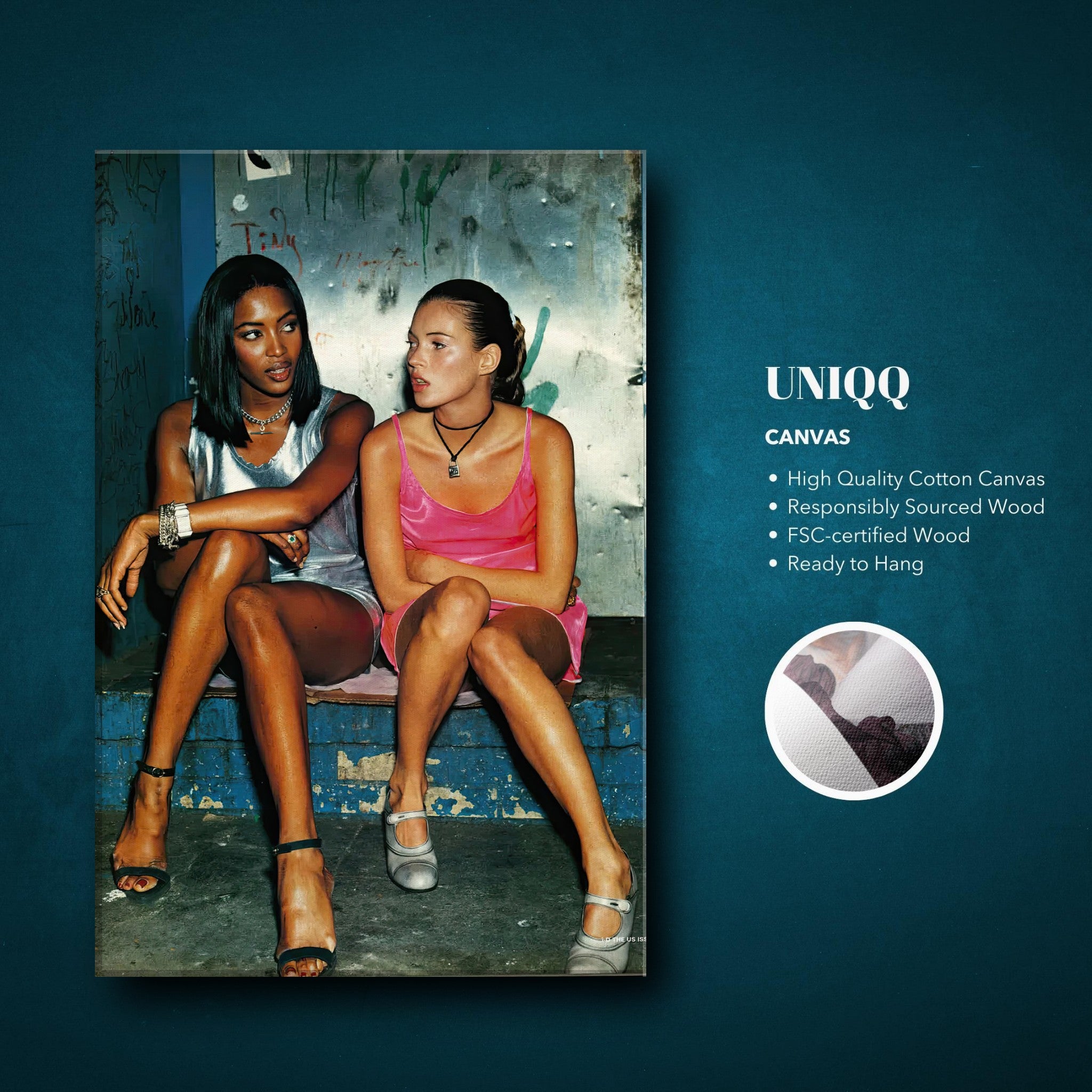 Naomi Campbell and Kate Moss canvas print capturing iconic 90s fashion moment, perfect for adding style to any space.