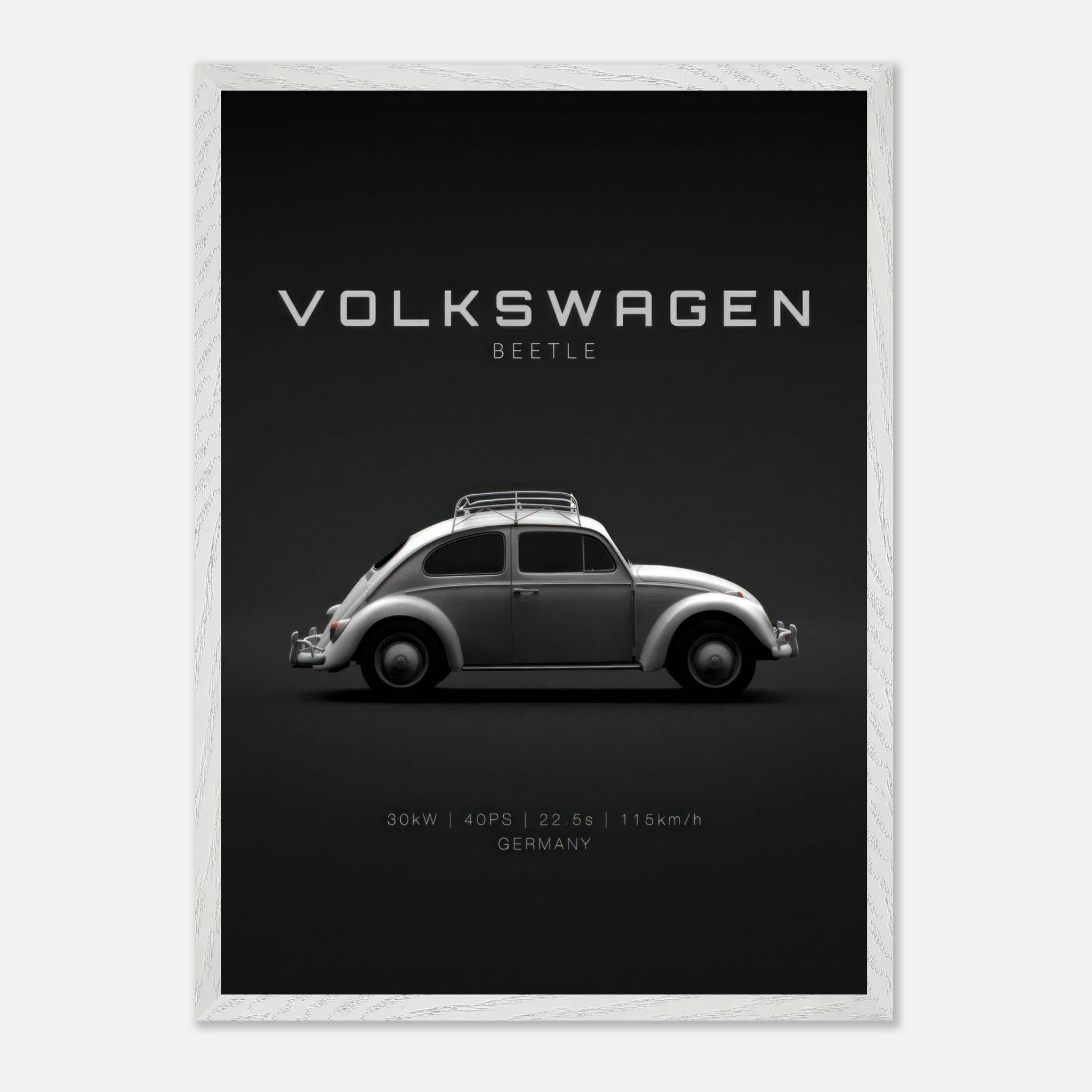 Volkswagen Beetle vintage framed art showcasing sleek silver design on minimalist black background.