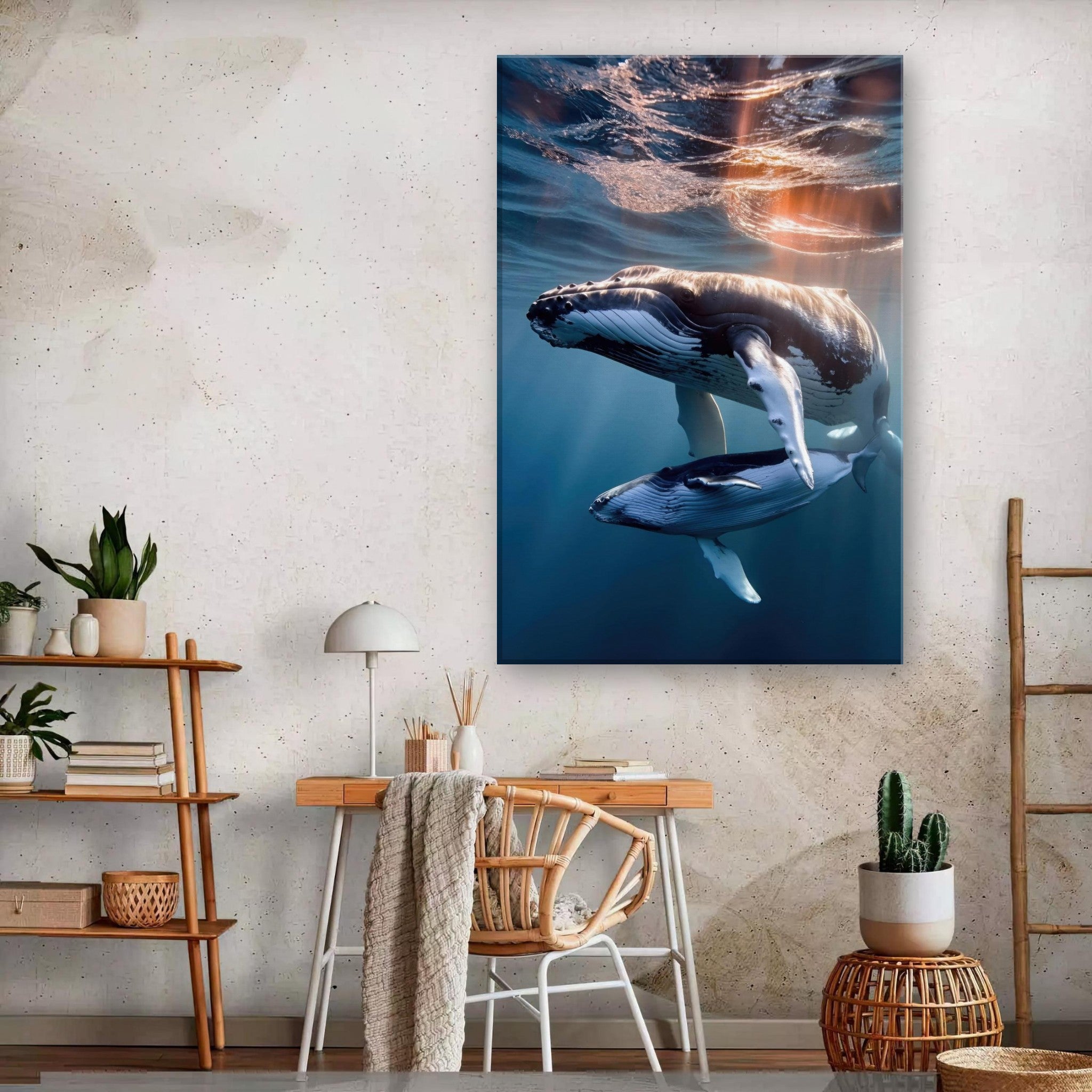 Underwater photography canvas print of a mother humpback whale and calf swimming gracefully in blue water.