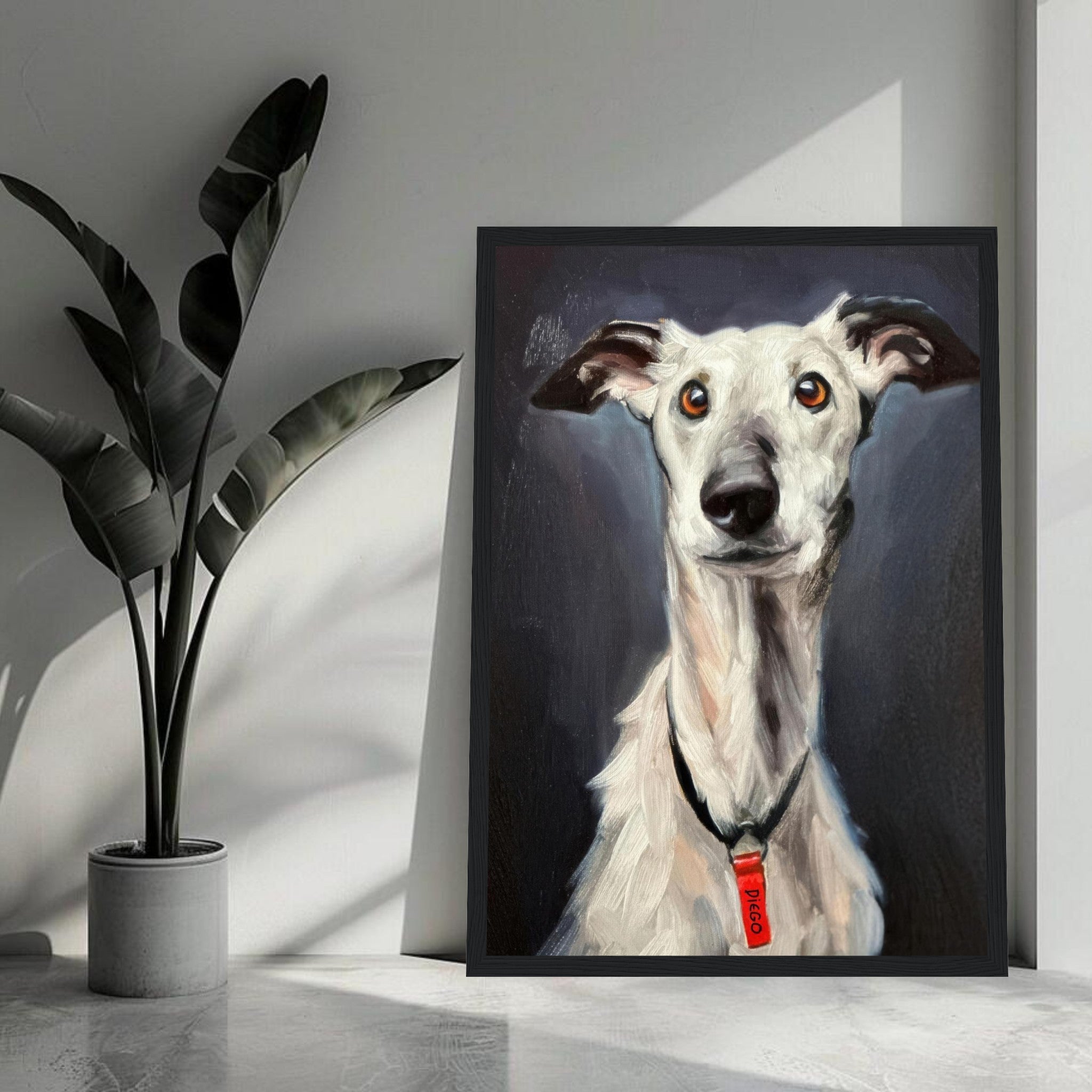 Framed print of a Greyhound dog painting showcasing its soulful expression and sleek features.