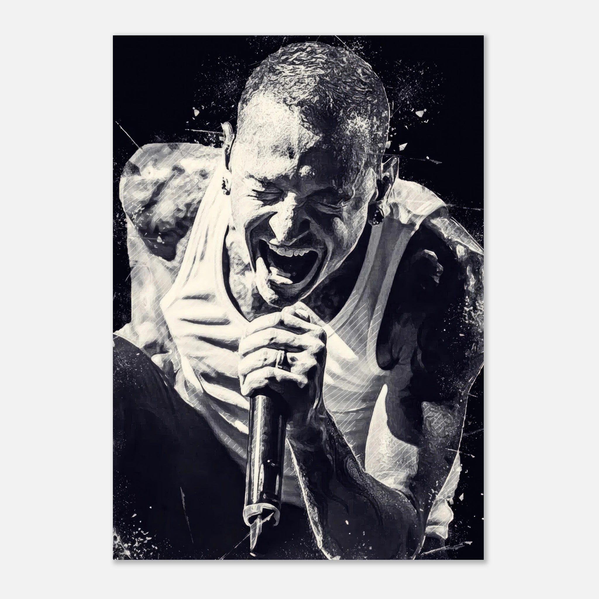 Chester Bennington poster showcasing intense performance in black-and-white design, perfect for Linkin Park fans.