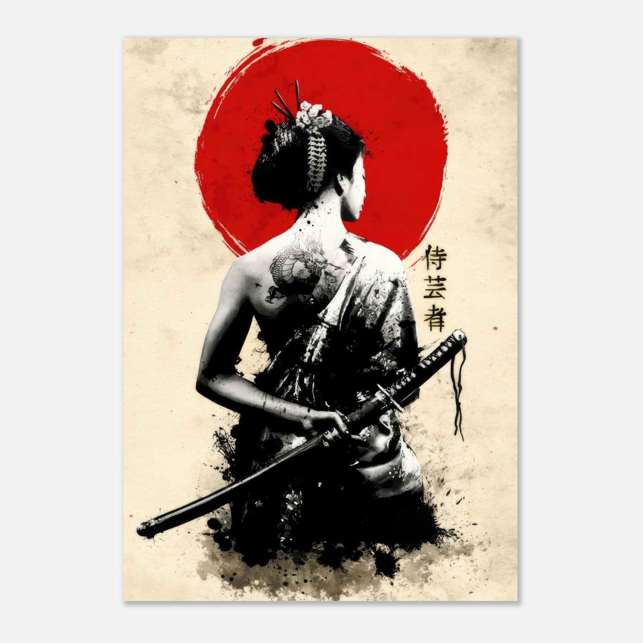 The Samurai Geisha Metal Print showcasing a fierce geisha with tattoos, katana, and a vibrant red sun background.