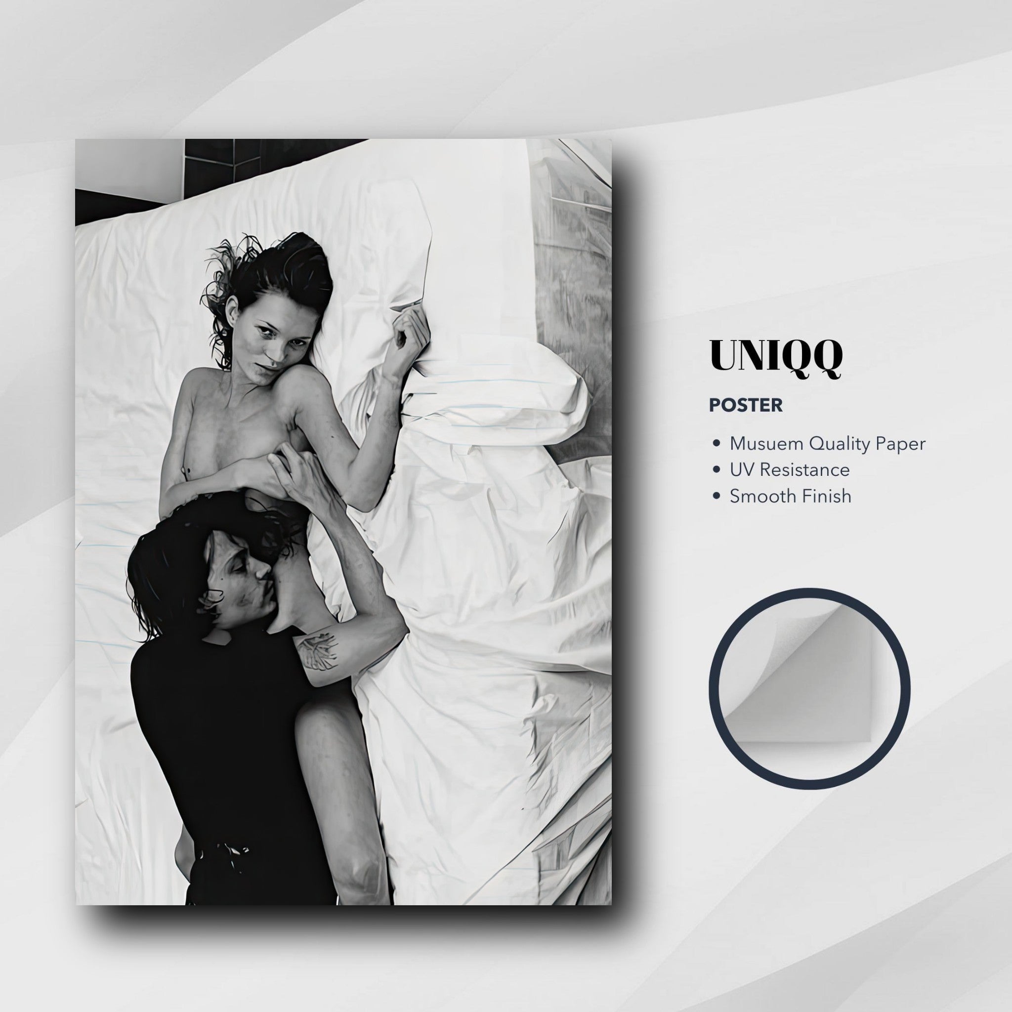 Kate Moss & Johnny Depp 1994 poster, black-and-white intimate photograph by Annie Leibovitz, museum quality print.