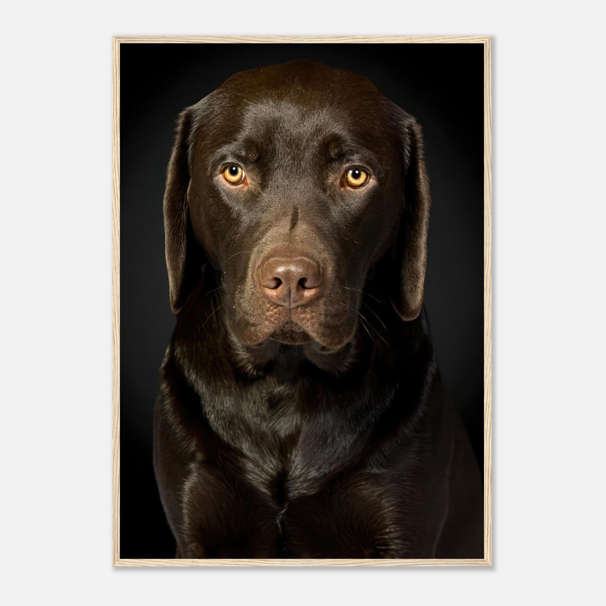 Chocolate Labrador portrait framed print featuring a lifelike image of a brown Labrador Retriever on a black background.