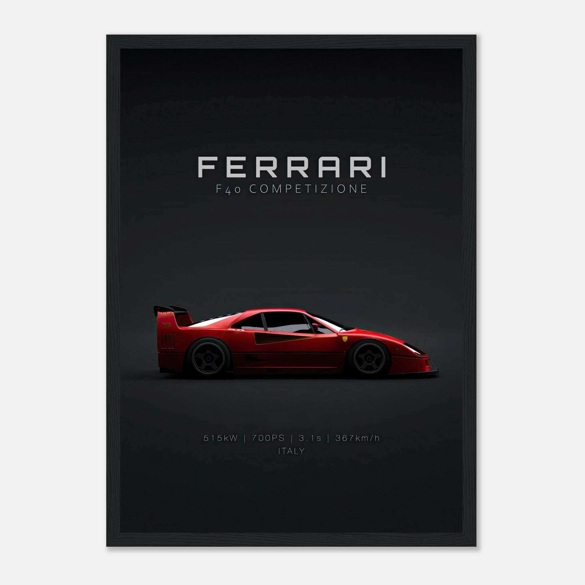 Ferrari F40 Competizione framed poster showcasing sleek design and vibrant red color against a dark backdrop