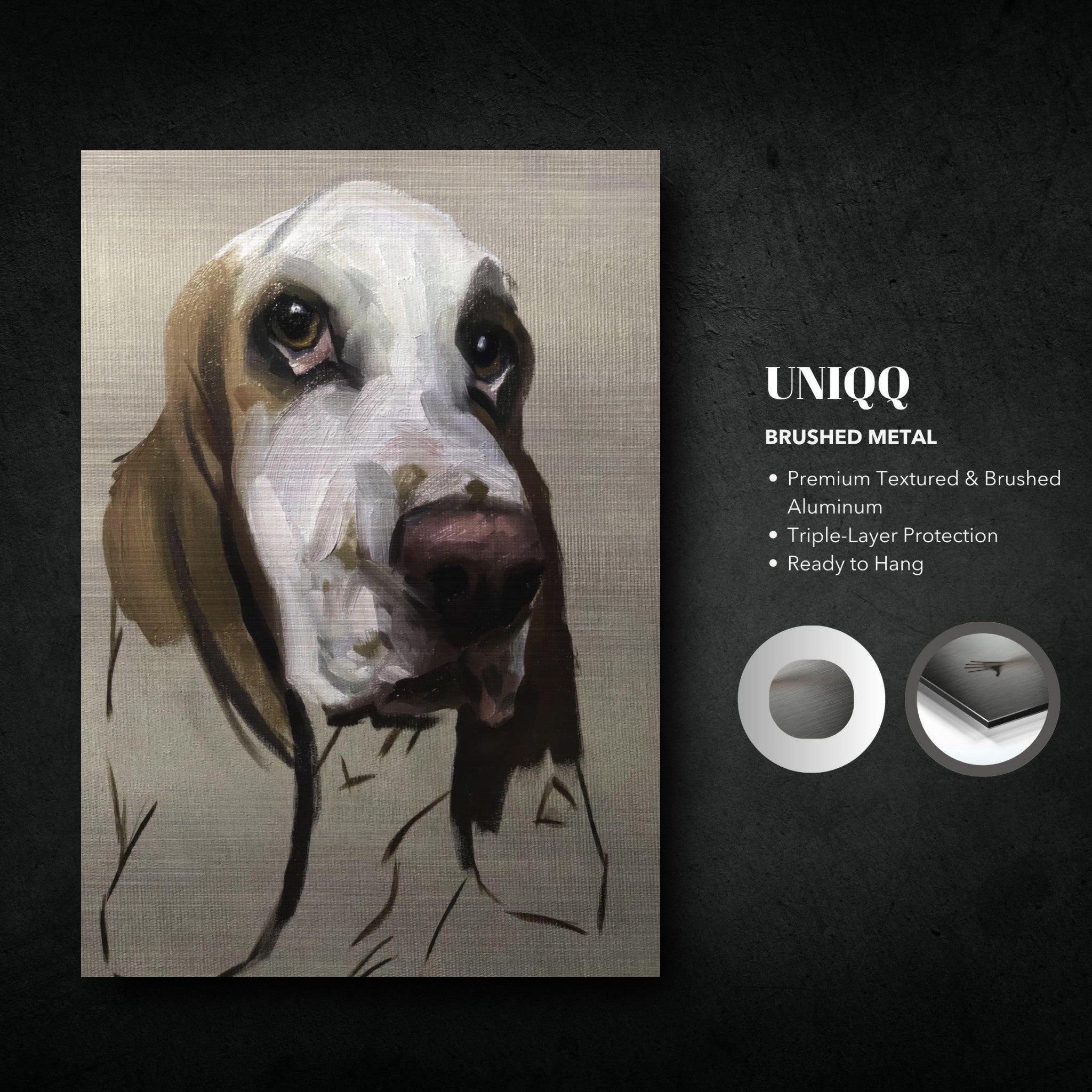 Basset Hound painting on brushed metal, showcasing soulful eyes and premium textured finish.