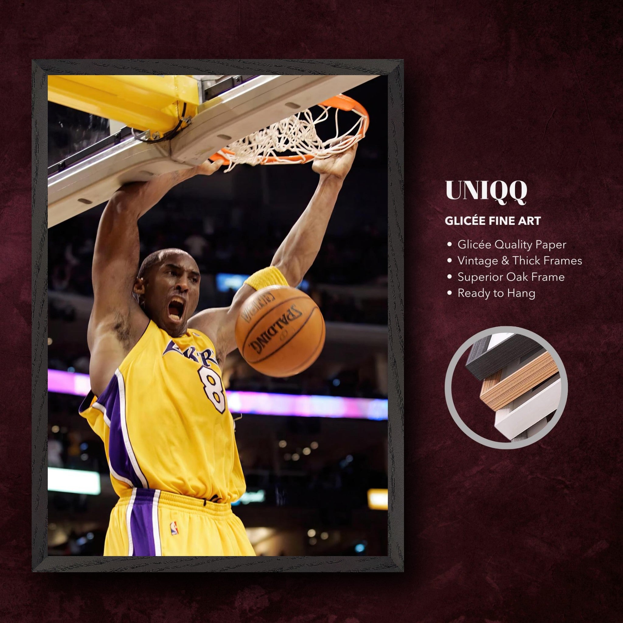 Kobe Bryant's iconic slam dunk fine art print in a vintage oak frame, showcasing vibrant colors and stunning detail.