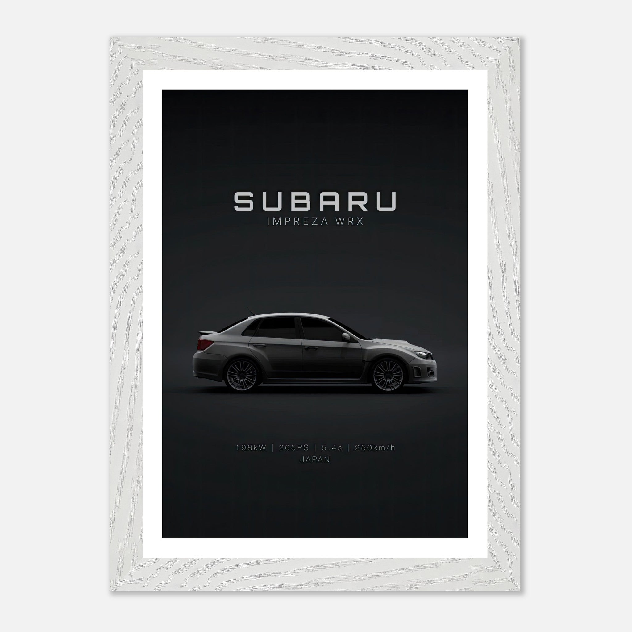 Subaru WRX vintage framed art showcasing the iconic car against a dark backdrop, highlighting its design and engineering.