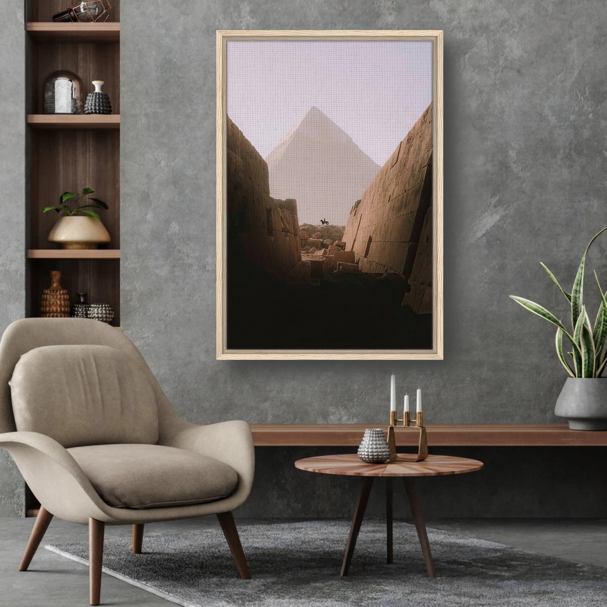 Framed canvas print of Great Pyramid of Giza with a lone rider, showcasing ancient Egypt's beauty.