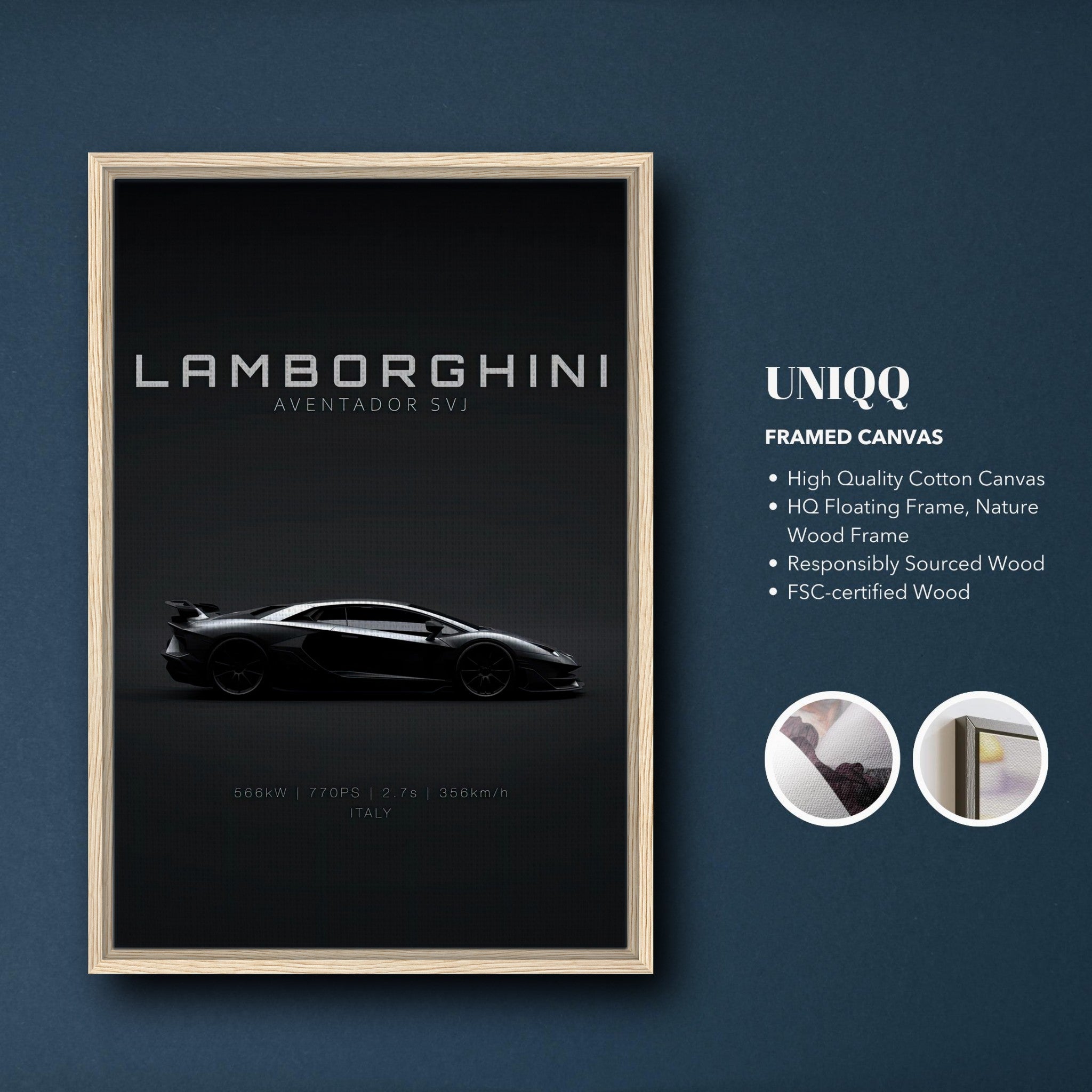 Lamborghini Aventador SVJ framed canvas art featuring sleek black design and high-quality Wood frame.