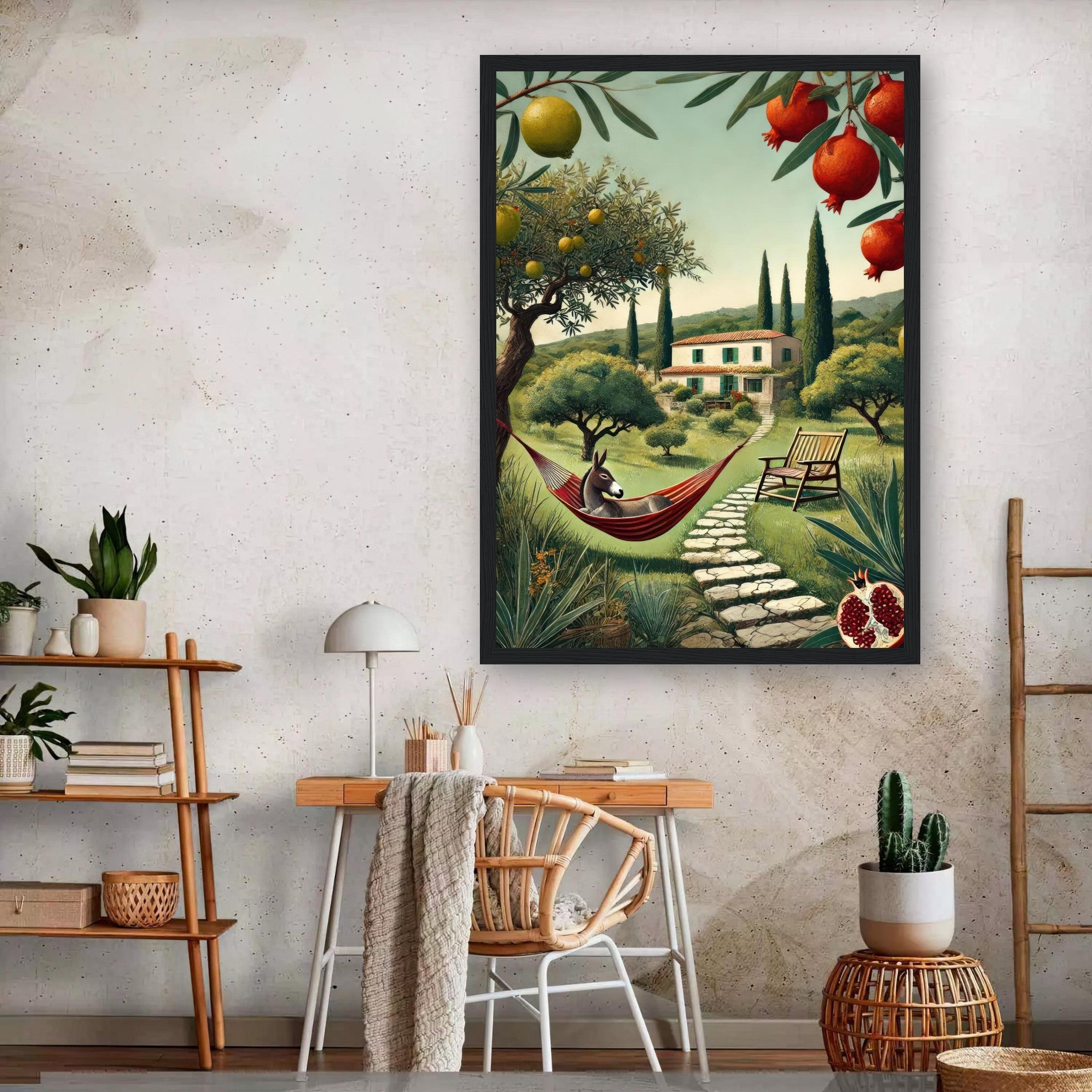 Framed print of a Mediterranean rural landscape with a villa, hammock, and fruit trees, evoking rustic tranquility.