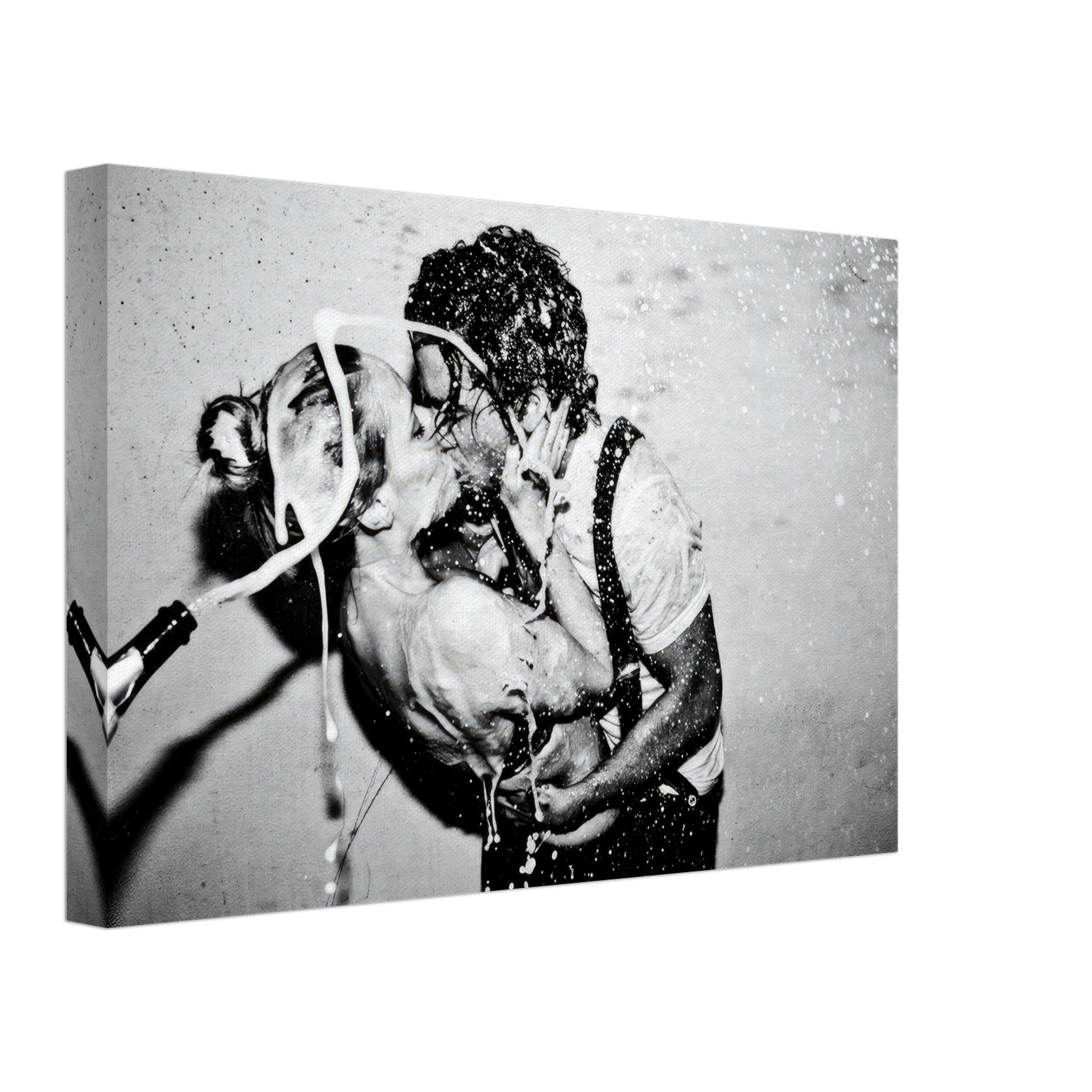 Black-and-white canvas print of Johnny Depp and Kate Moss sharing an intimate kiss, showcasing passion and glamour.