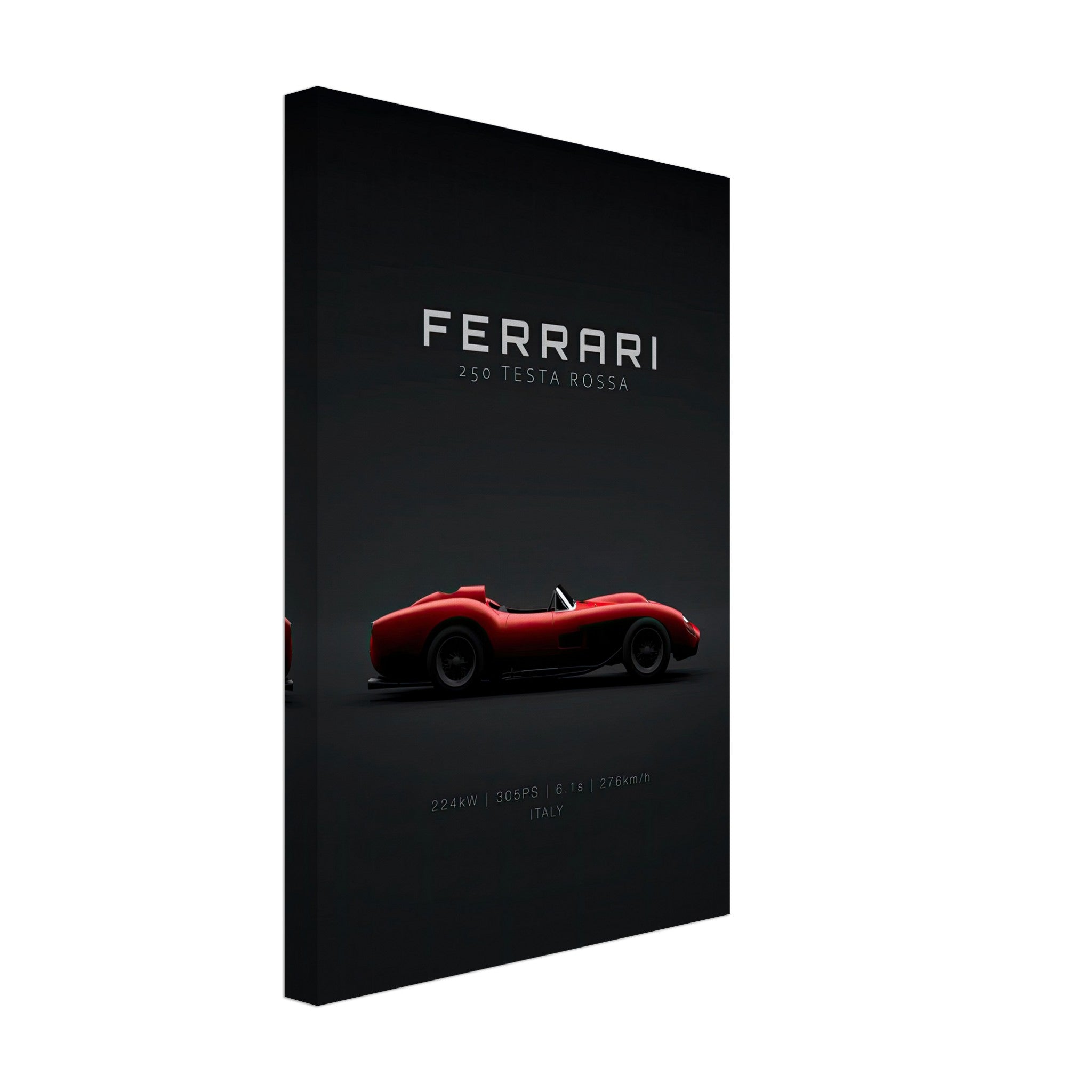 Ferrari 250 Testa Rossa canvas artwork showcasing a classic red sports car on a dark background.