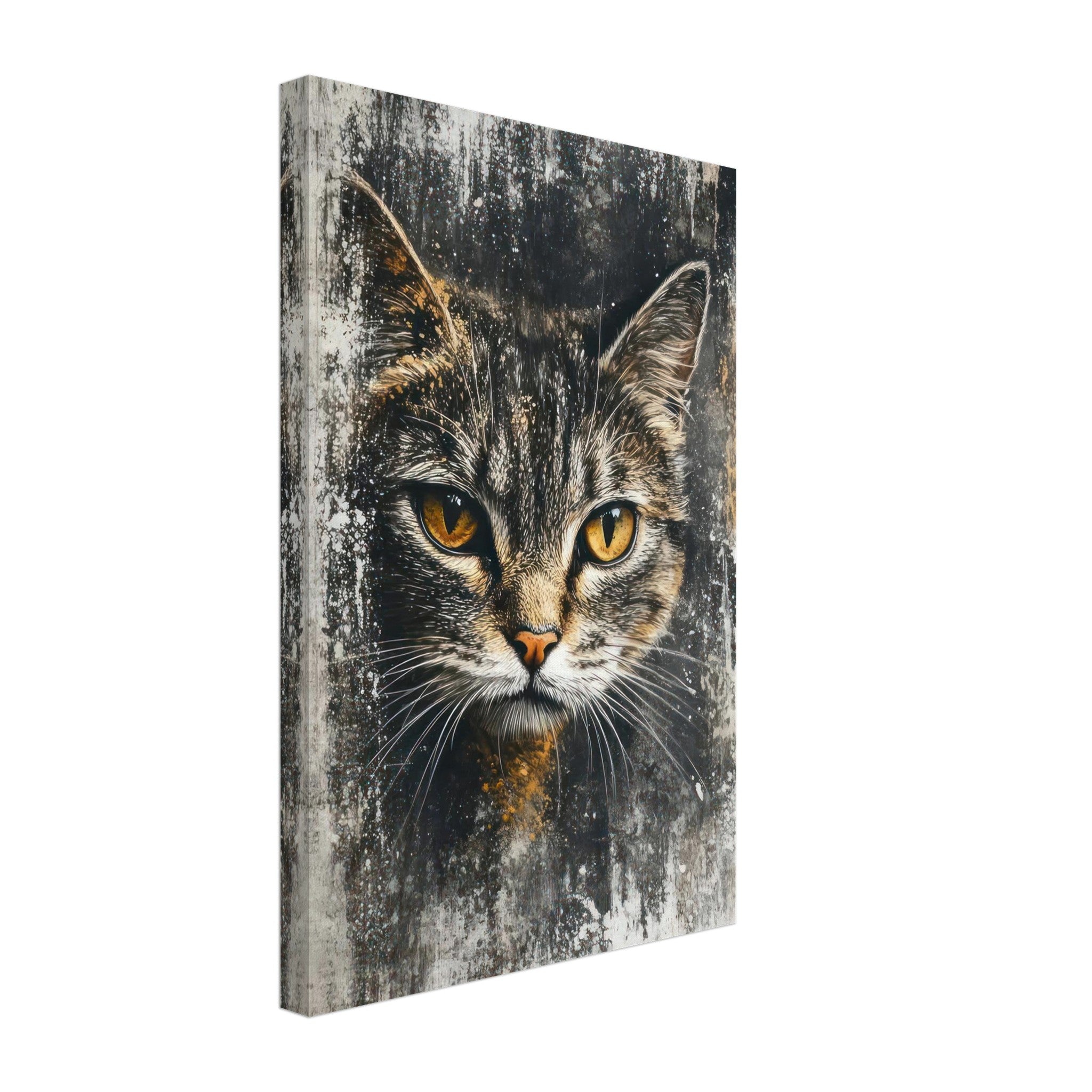 Cat painting canvas print featuring a close-up of a cat's golden eyes against a textured abstract background.