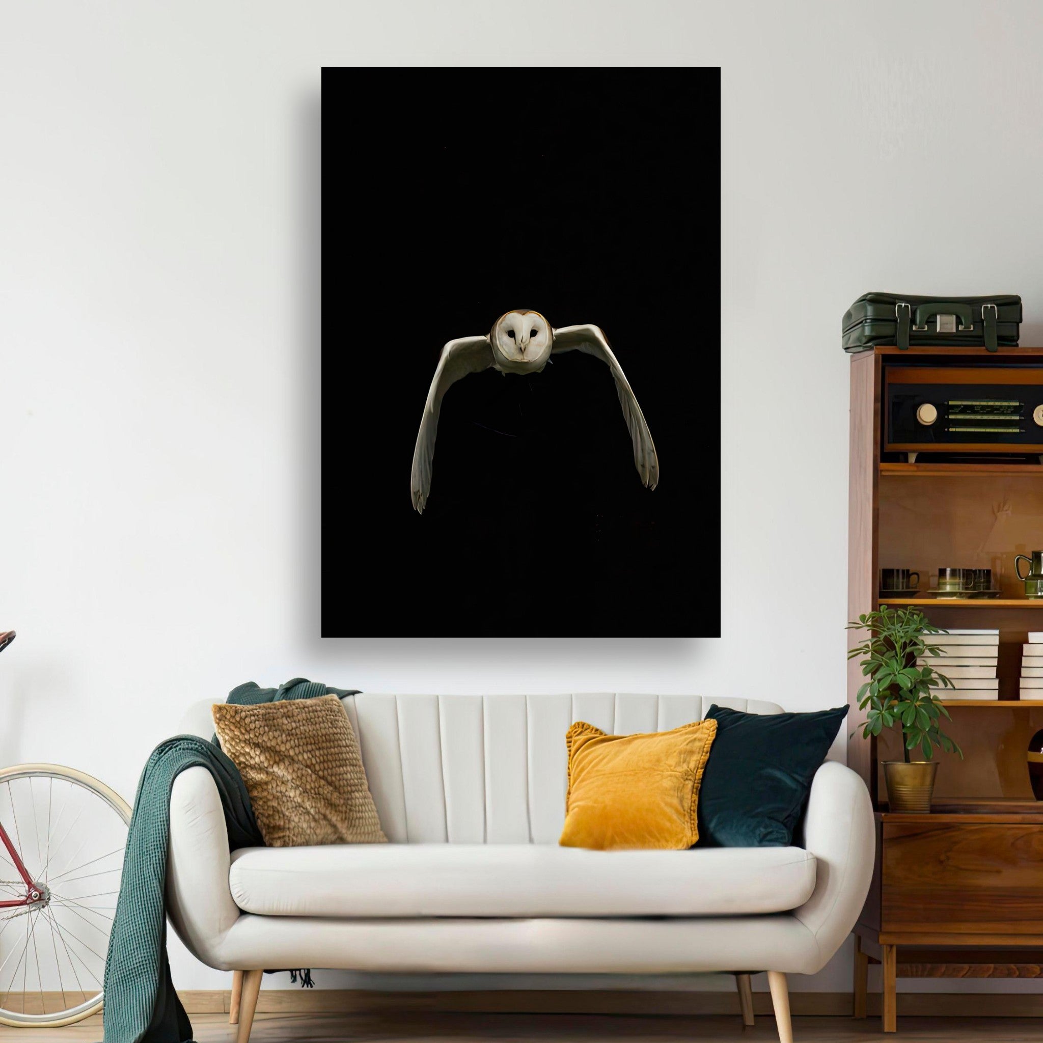 Owl metal print depicting a majestic owl in mid-flight, enhancing contemporary home decor.