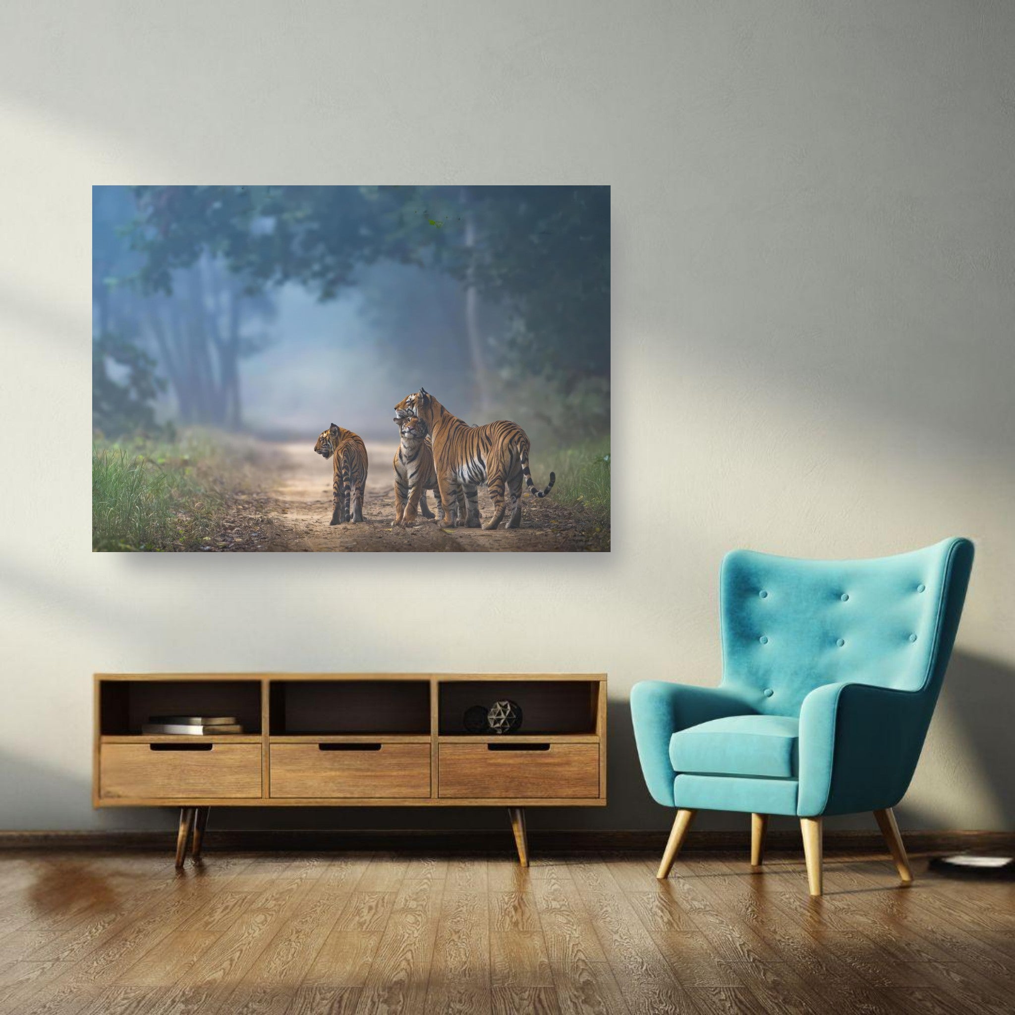 The Bond of Tigers poster featuring a family of tigers in a serene jungle setting.
