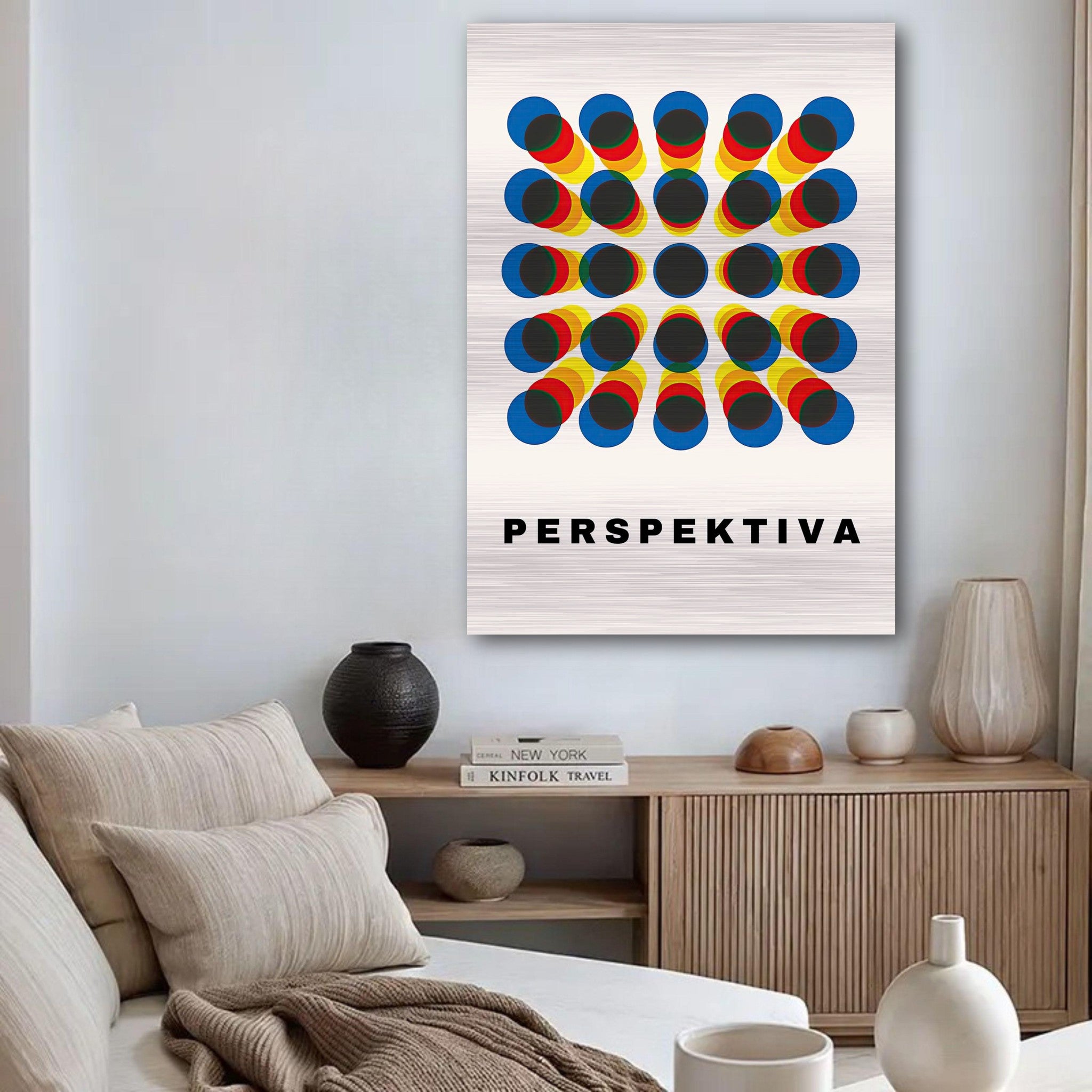 Perspective Abstract Art printed on brushed metal, featuring geometric shapes in vibrant colors, displayed in a modern living room.