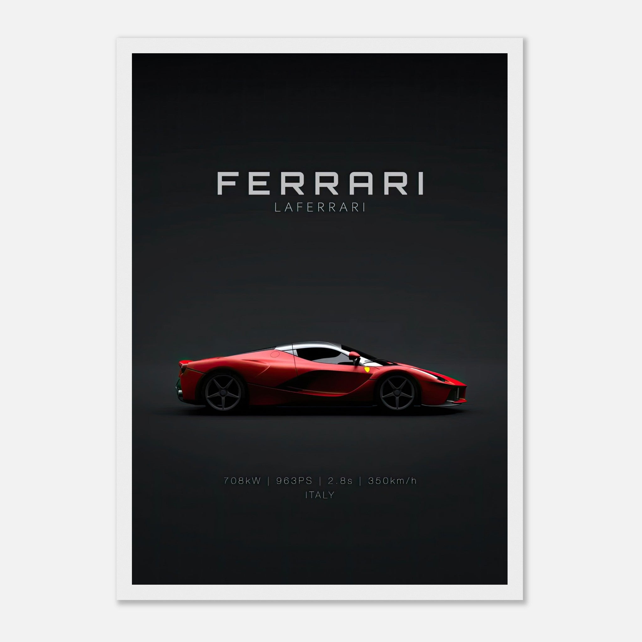 Framed poster of Ferrari Laferrari in red on dark background highlighting its sleek design and power.