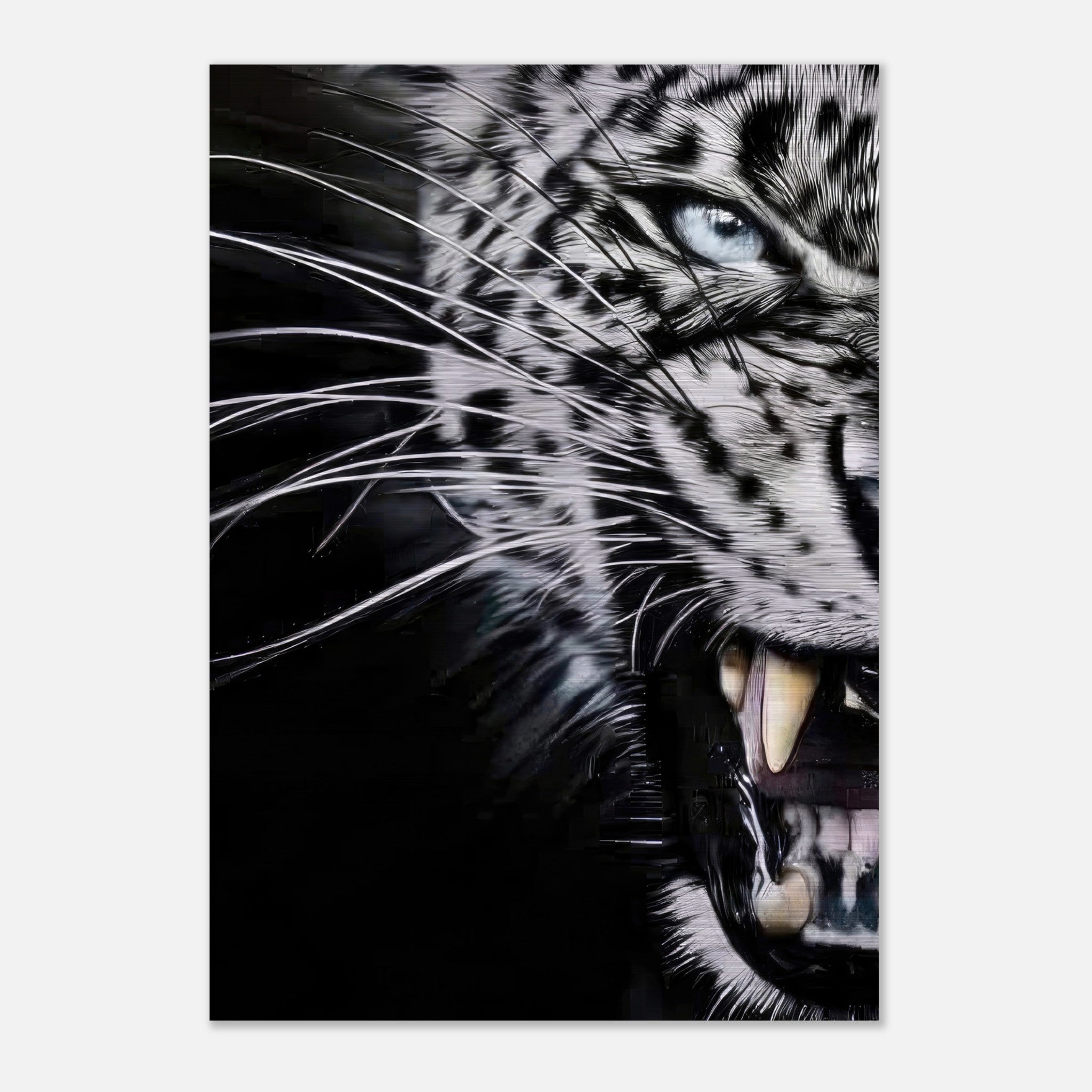 Leopard close-up portrait in brushed metal, showcasing intense expression and detailed fur against a dark background.