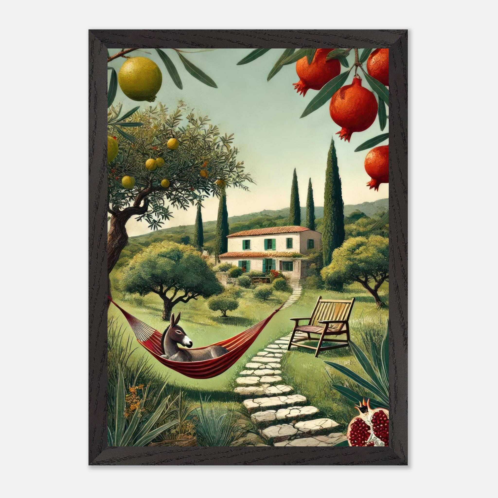 Vintage framed print of a Mediterranean landscape with olive trees, pomegranates, and a hammock.