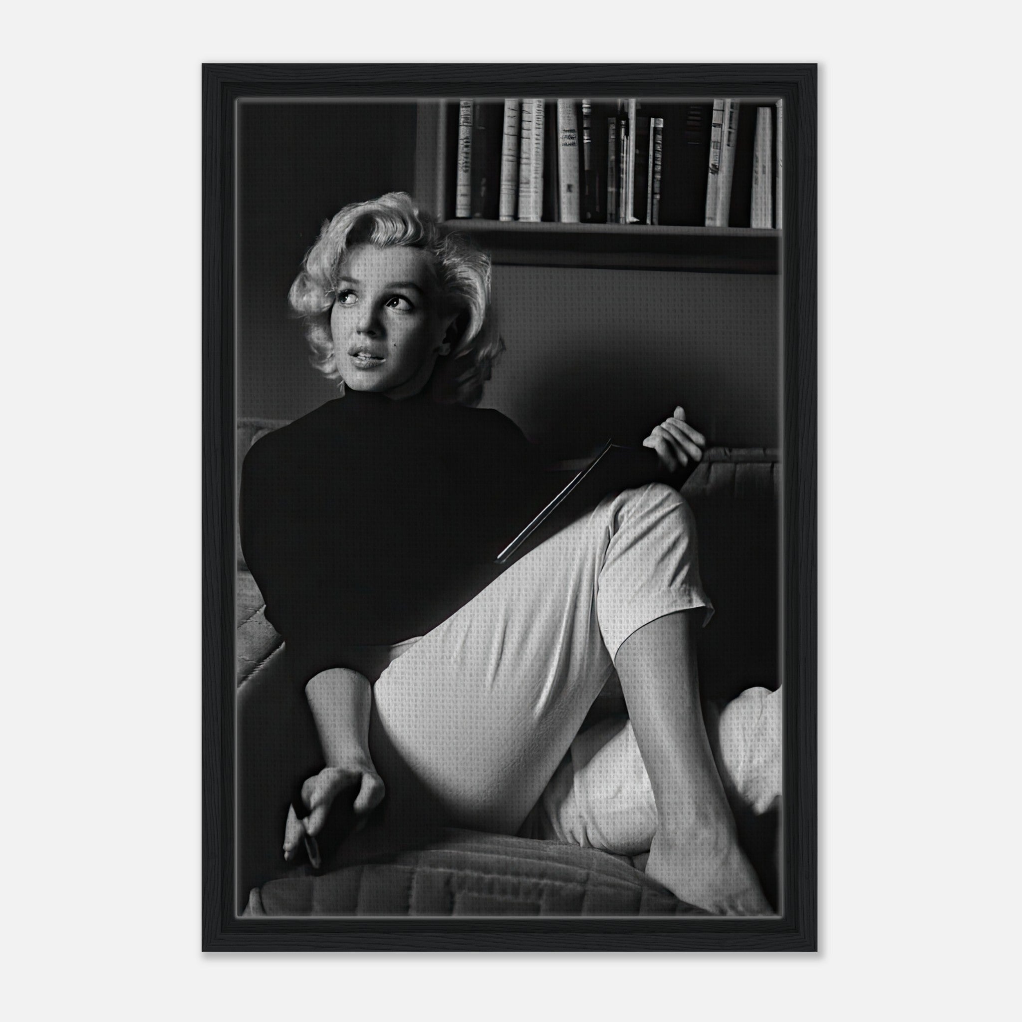Marilyn Monroe framed canvas print, black-and-white artwork of her reading, elegant and sophisticated home decor.
