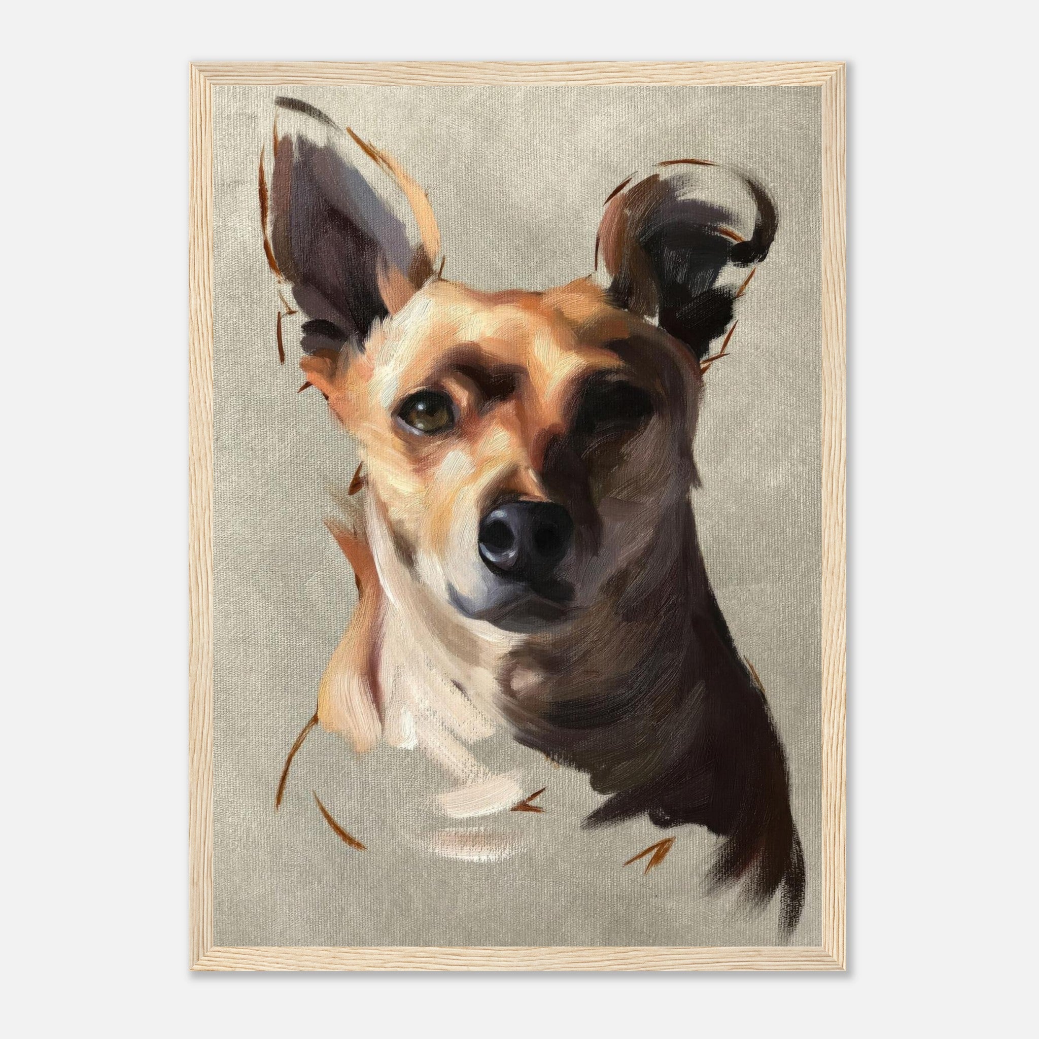 Chihuahua dog painting framed print showcasing a detailed portrait with expressive brushstrokes and warm tones.