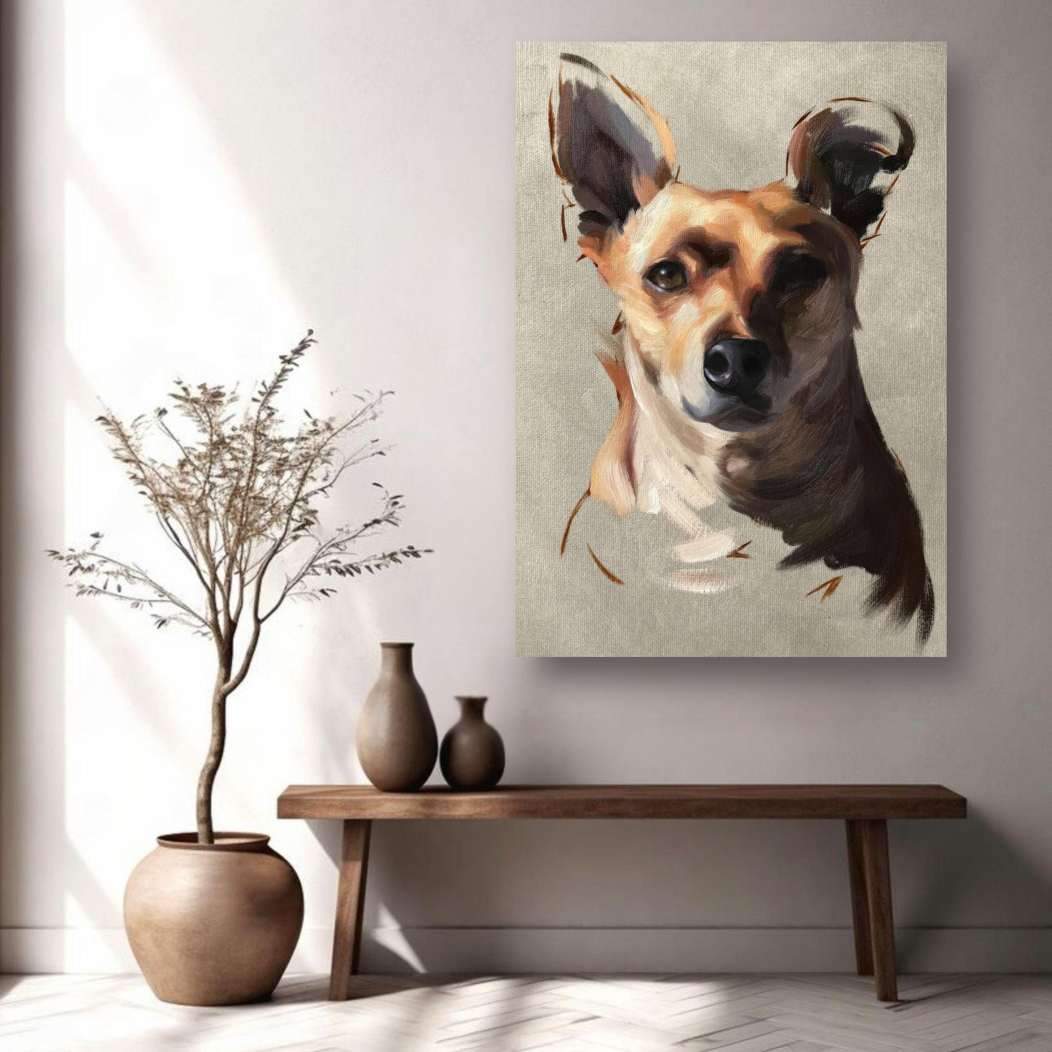 Chihuahua dog painting metal print showcased in a modern home decor setting with minimalist design.