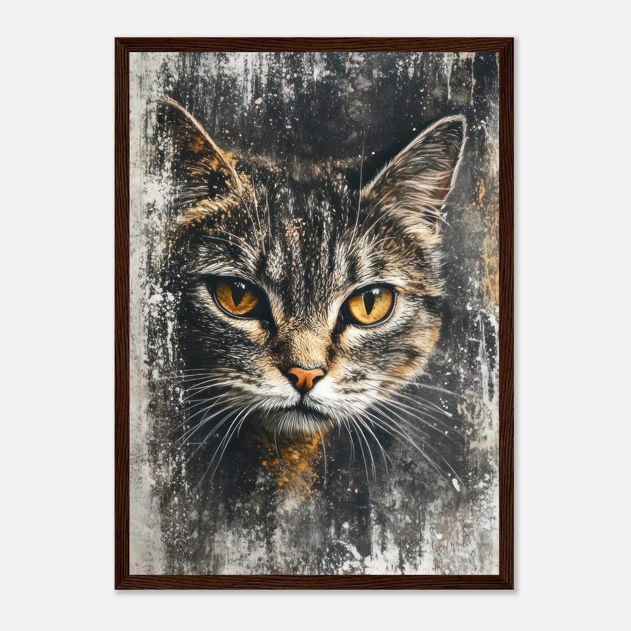 Framed cat painting artwork featuring a close-up of a cat with golden eyes, adding charm to home decor.