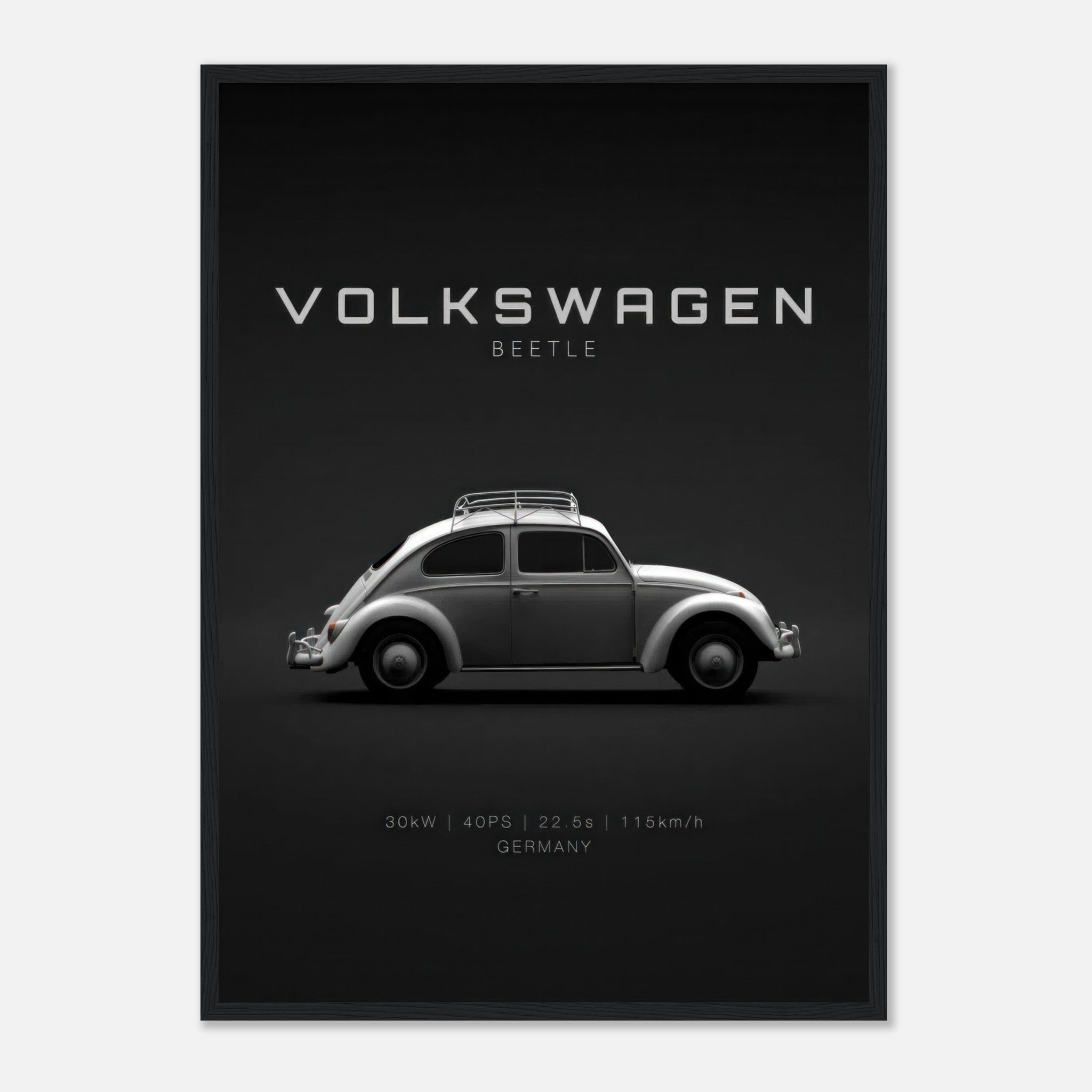 Volkswagen Beetle framed poster showcasing vintage car design against a minimalist black background.