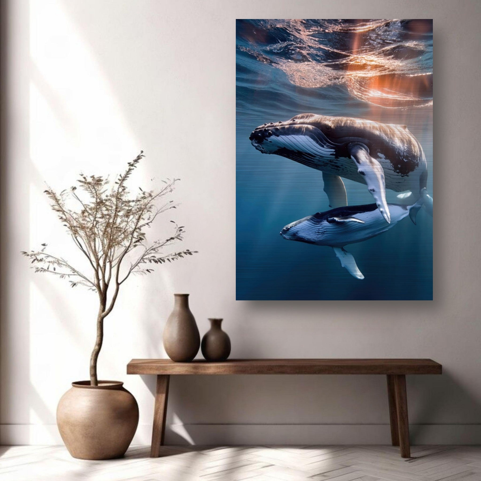 Underwater photography of a mother humpback whale and calf, vibrant ocean scene in brushed metal print.