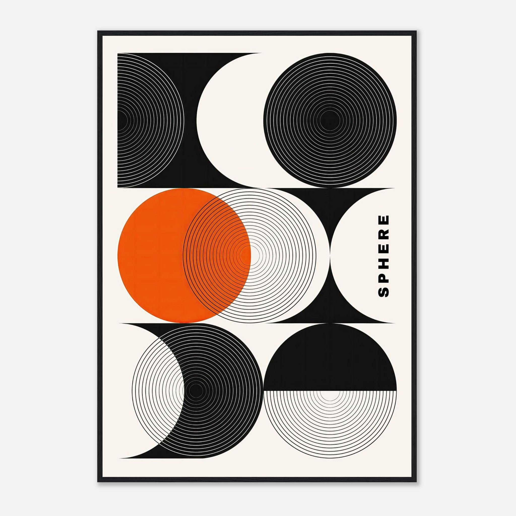 Framed abstract geometric sphere art with black, white, and orange circular patterns for modern decor.
