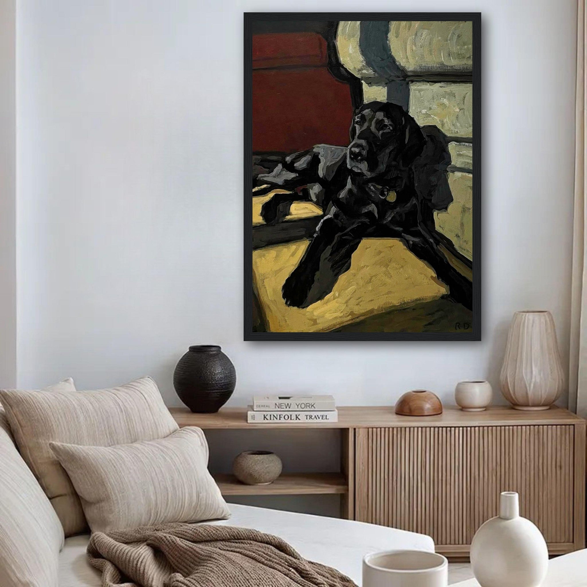 Black Labrador dog painting framed print displayed in a modern living room setting, enhancing cozy ambiance.