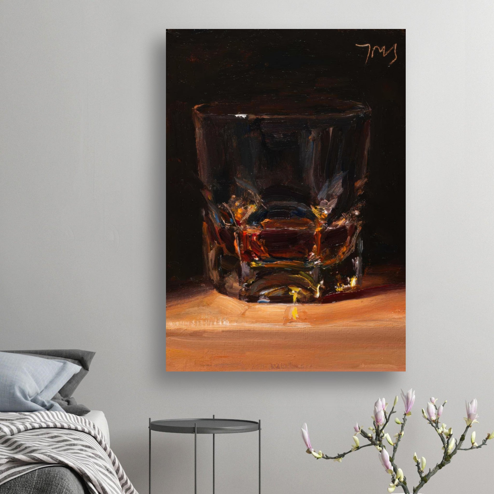 Whiskey oil painting poster displaying a glass of whiskey with amber hues, perfect for kitchen or restaurant décor.
