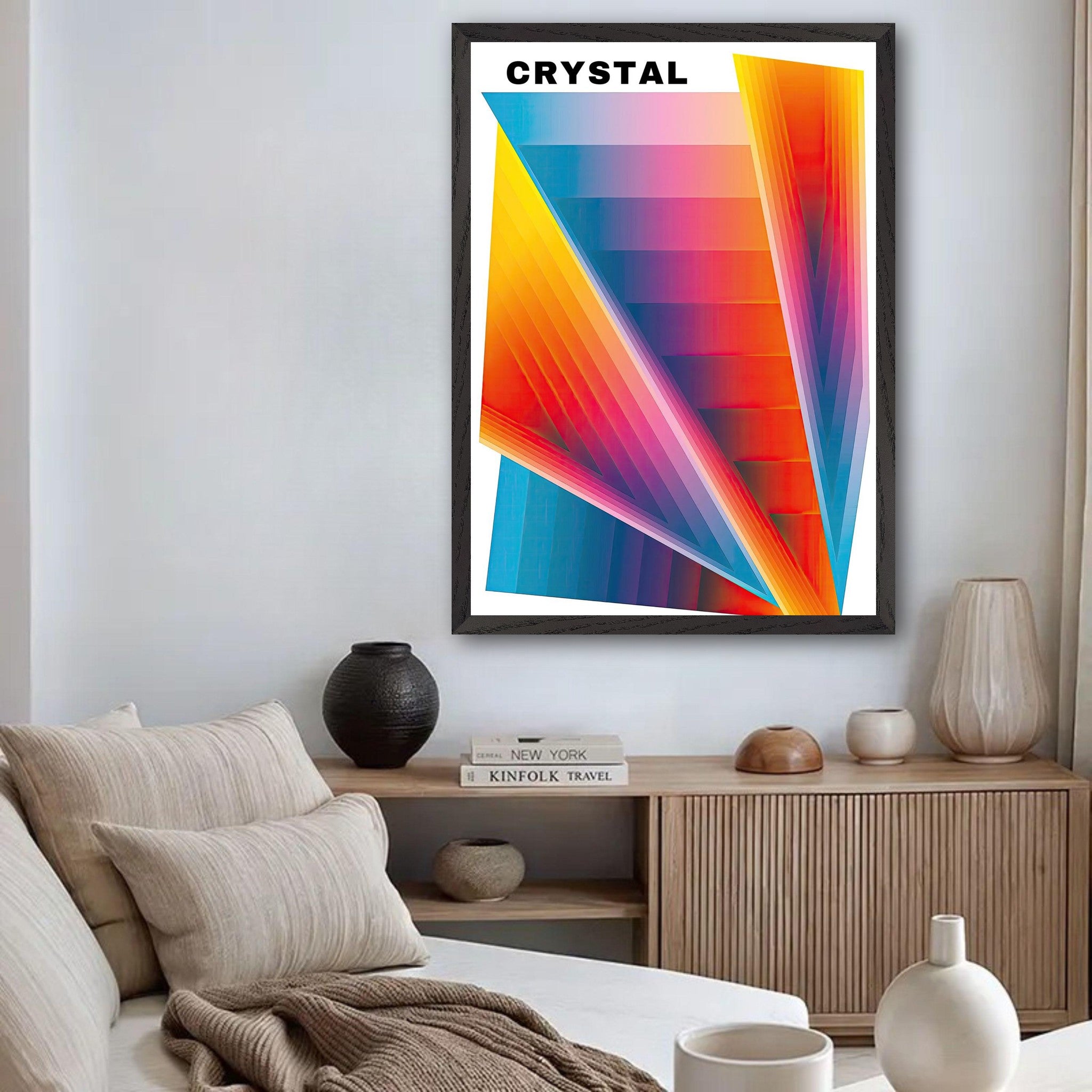 Colorful crystal abstract art print in a modern interior setting showcasing vibrant gradients.