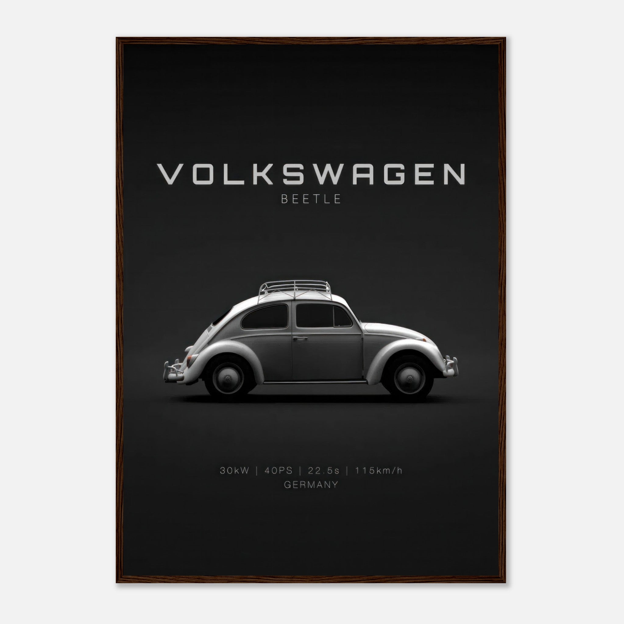 Framed poster of Volkswagen Beetle showcasing its sleek side profile on a minimalist black background.