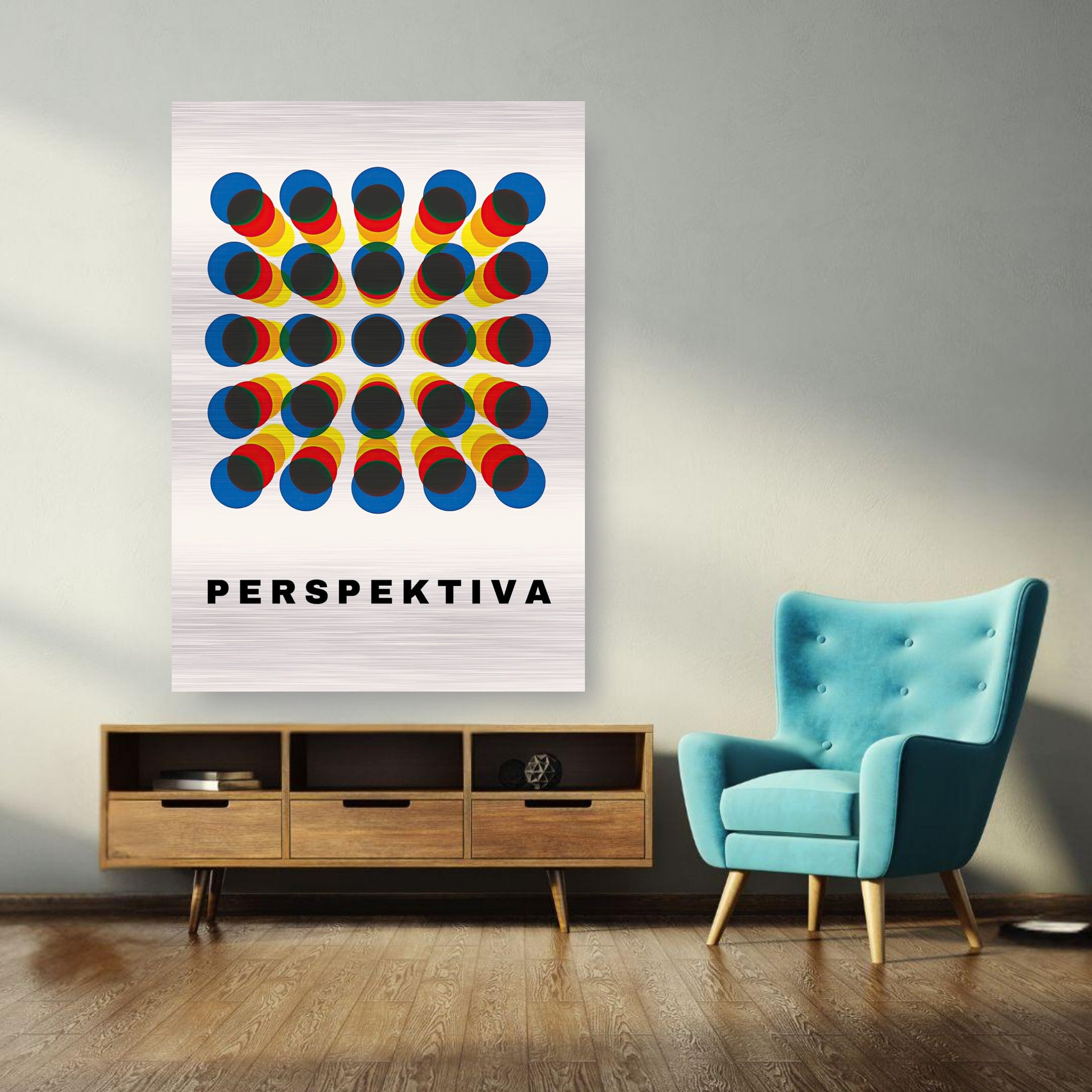 Perspective Abstract Art print in vibrant colors on brushed metal, displayed in a modern living room setting.