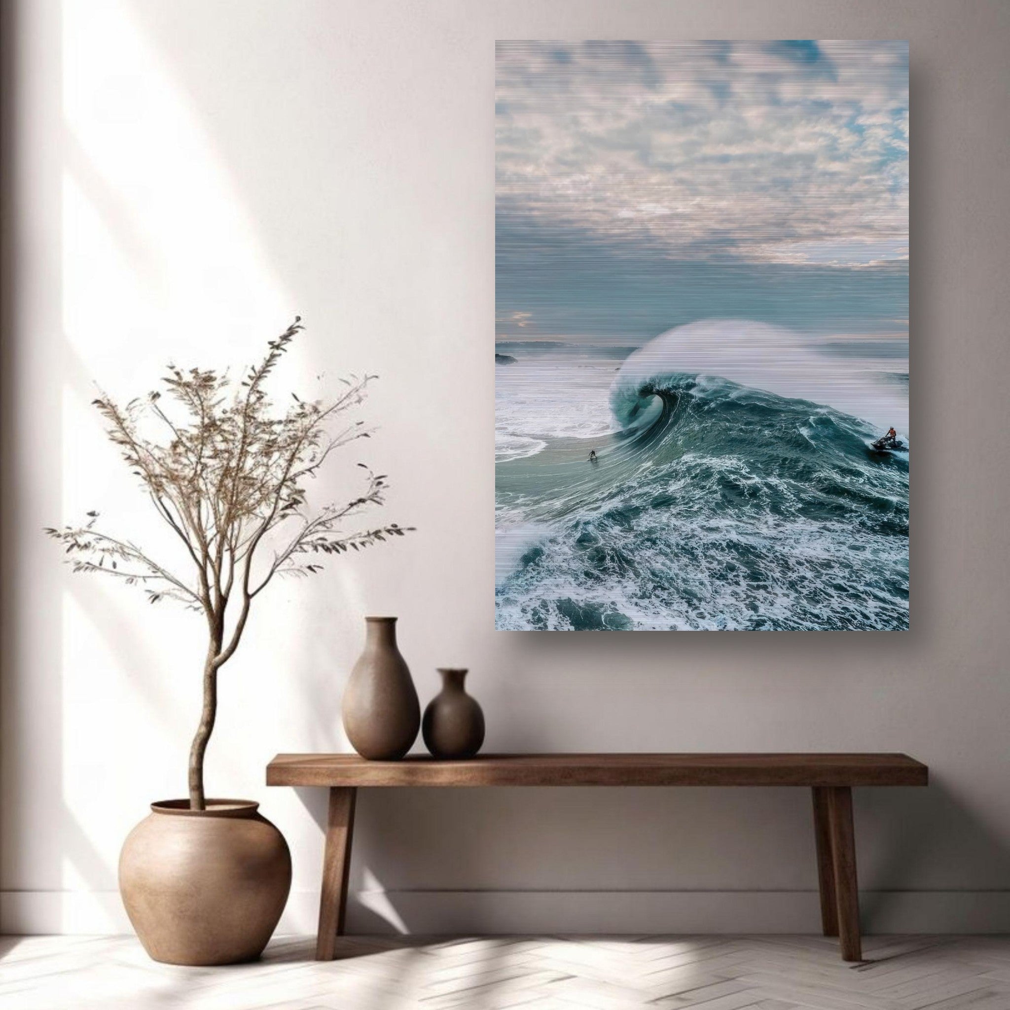 Stunning big wave surfing print on brushed metal, showcasing a surfer riding a massive wave in a stylish interior.
