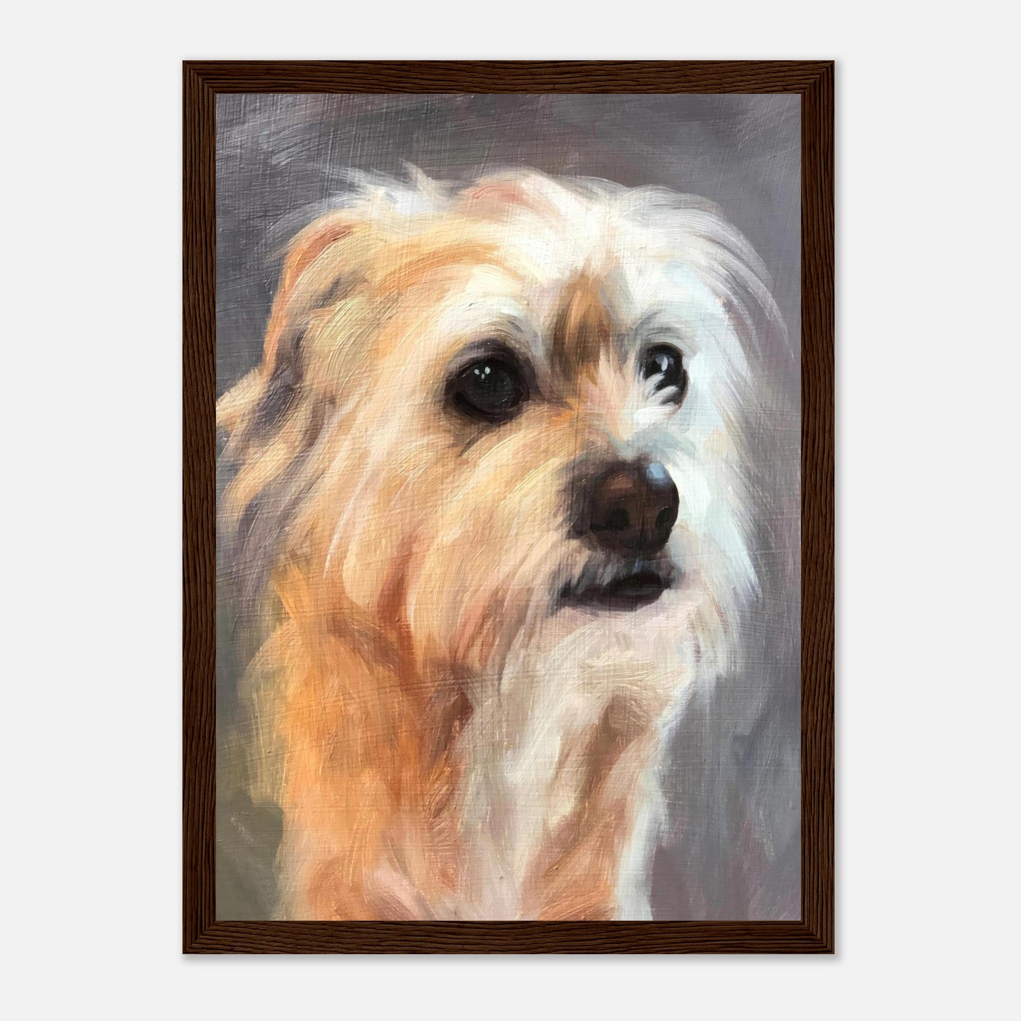 Framed print of a terrier dog painting featuring expressive eyes and textured fur in warm colors.