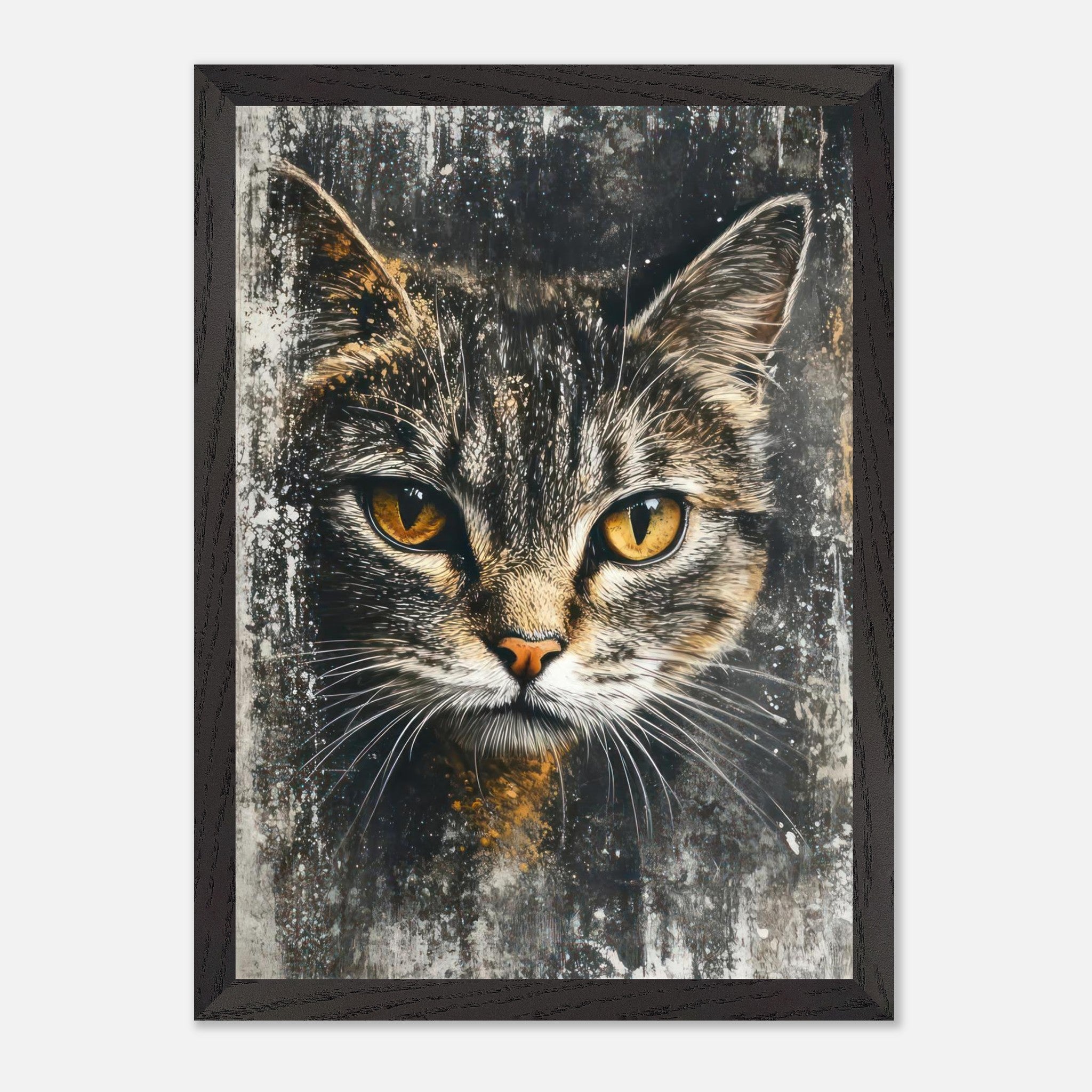 Vintage framed print of a cat with golden eyes, showcasing intricate brushstrokes and a textured background.