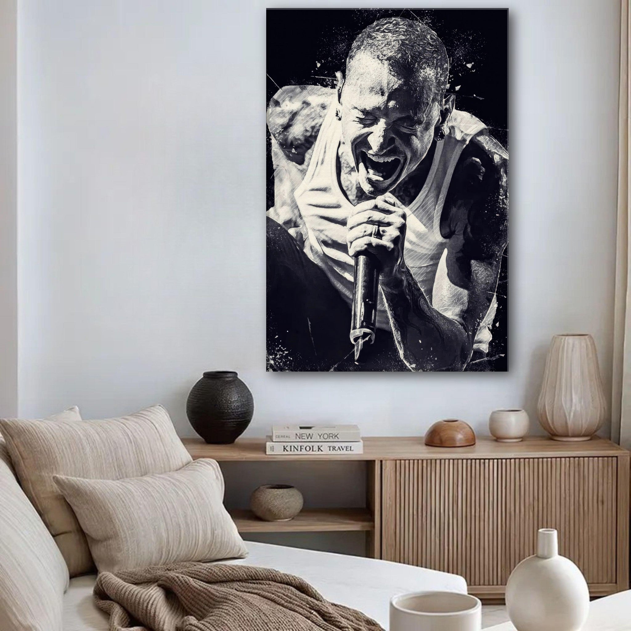 Chester Bennington canvas print showcasing the iconic Linkin Park frontman performing passionately in black and white.