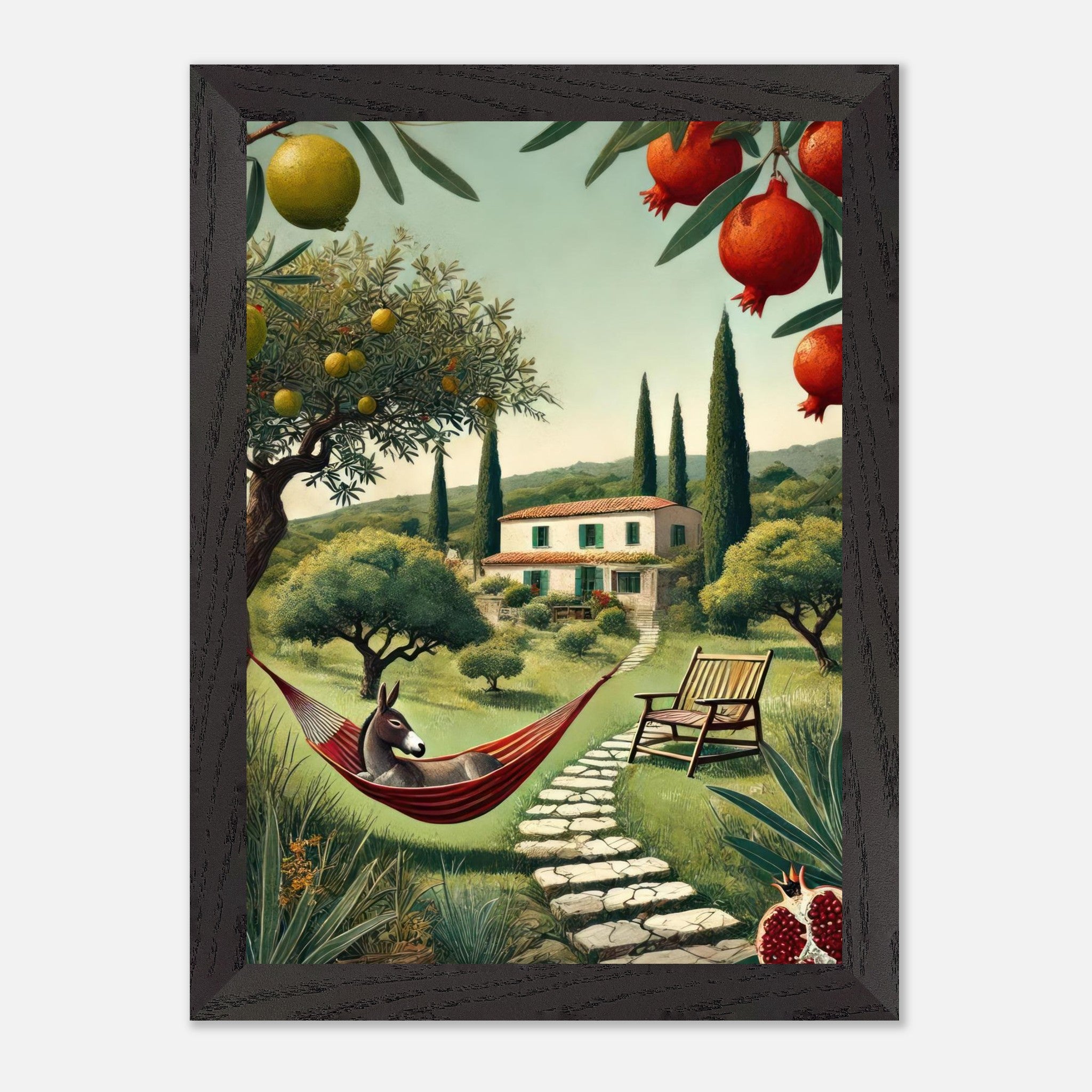 Vintage framed print of a Mediterranean landscape with a donkey in a hammock and lush greenery.