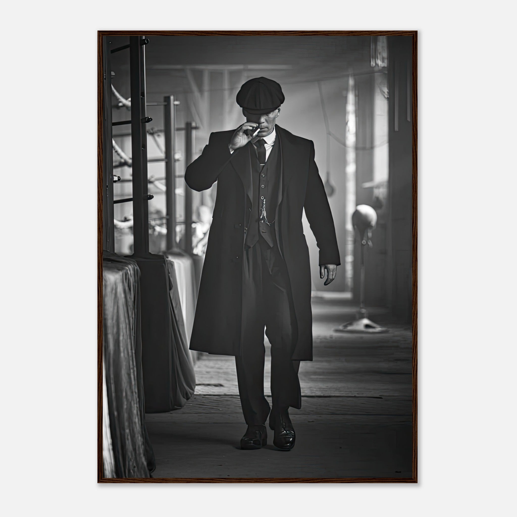 Tommy Shelby framed print from Peaky Blinders, showcasing 1920s style in black-and-white artwork.