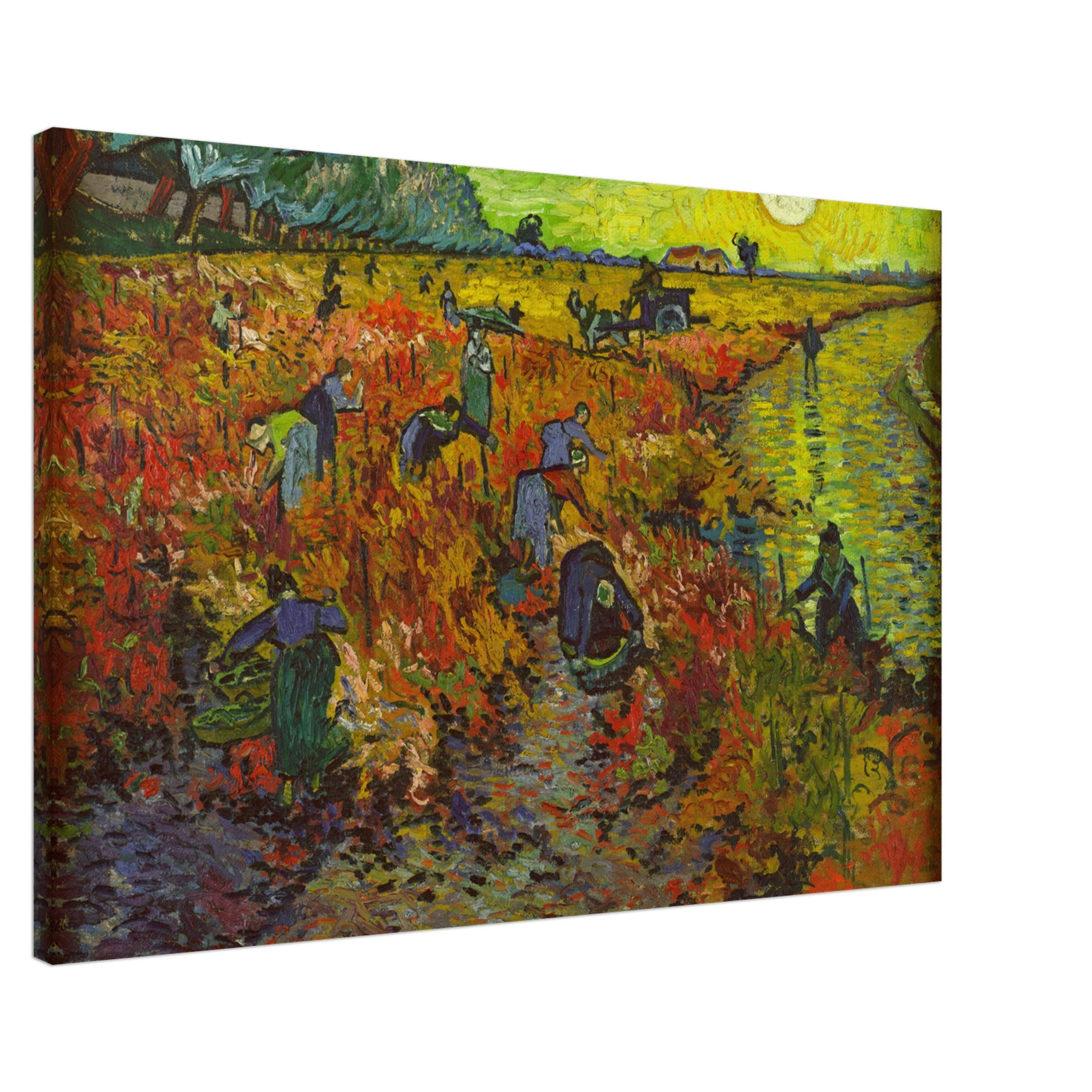 The Red Vineyard by Van Gogh canvas print showcasing vibrant reds and yellows in an autumn vineyard scene.
