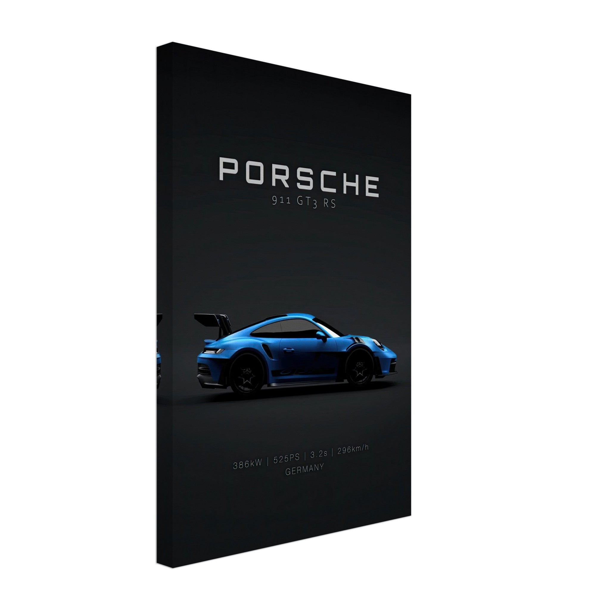 Porsche 911 GT3 RS canvas art featuring vibrant blue car against a black background with specs.