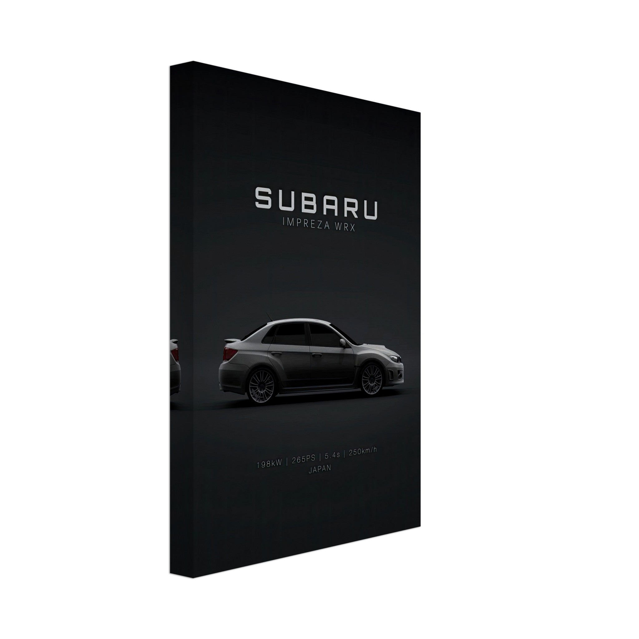 Subaru WRX canvas wall art with a sleek black backdrop, showcasing the iconic car design for enthusiasts.