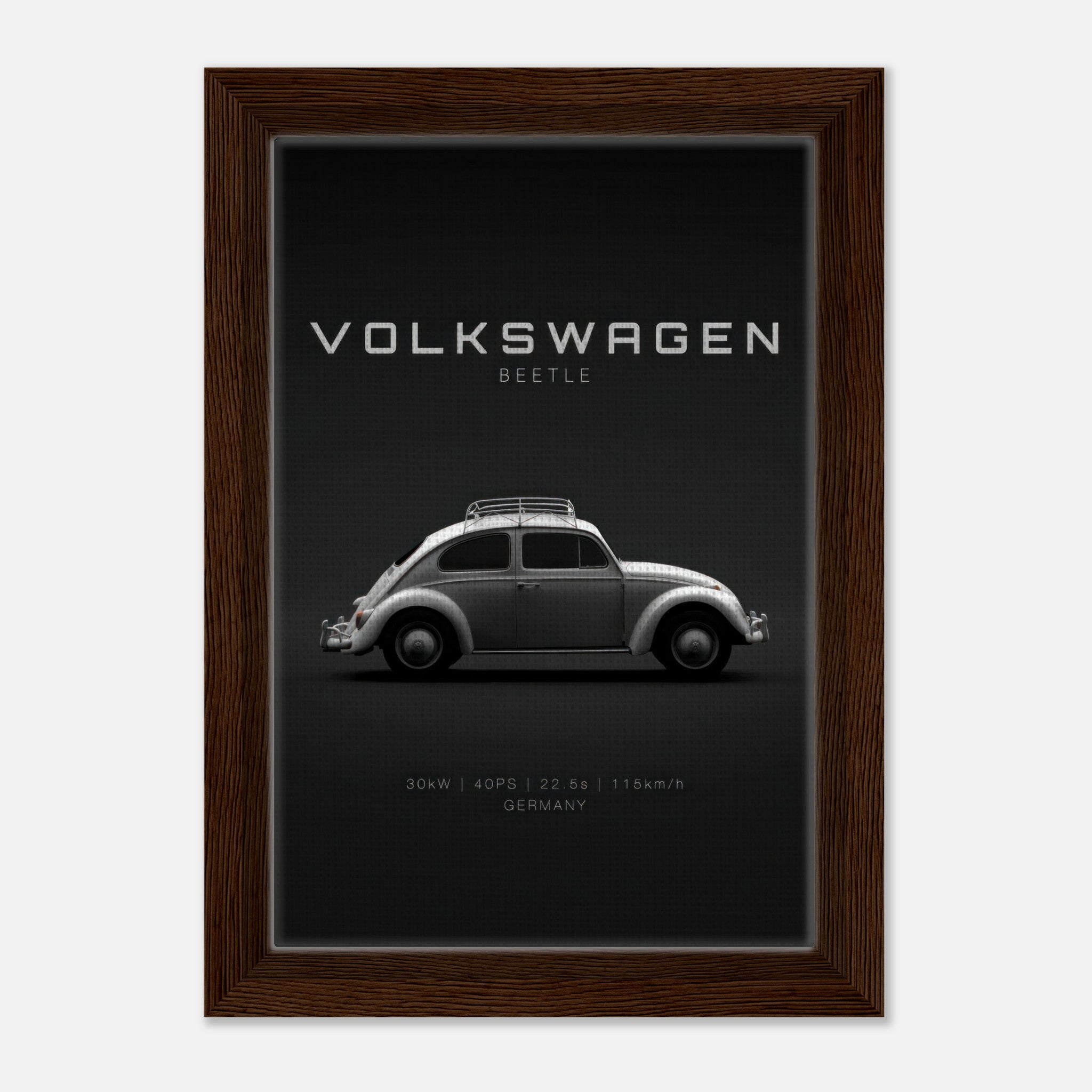 Volkswagen Beetle framed canvas artwork featuring a classic car design on a sleek black background.