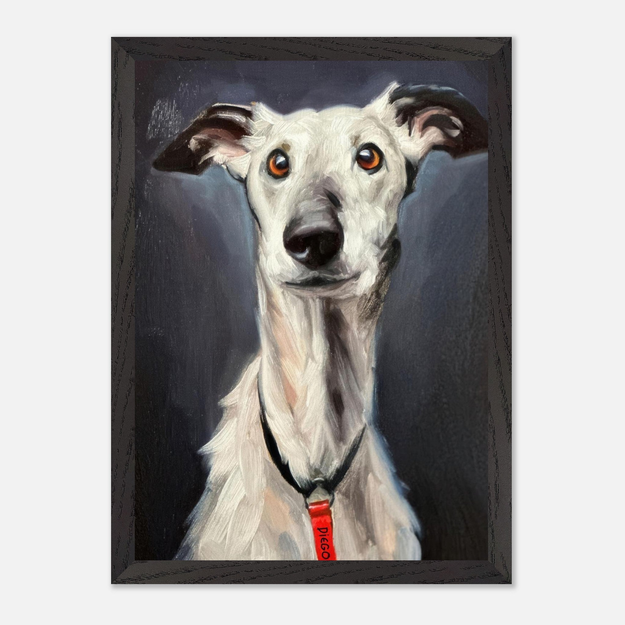 Greyhound dog portrait in vintage frame showcasing detailed expression and sleek form.