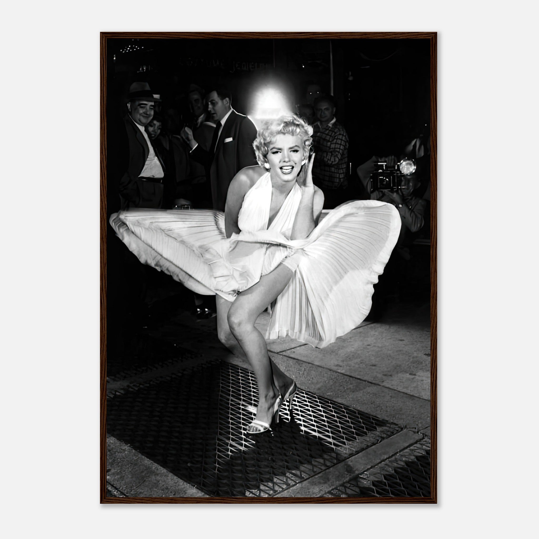 Marilyn Monroe in iconic white dress, wind-blown photograph from The Seven Year Itch, framed print capturing Hollywood elegance.
