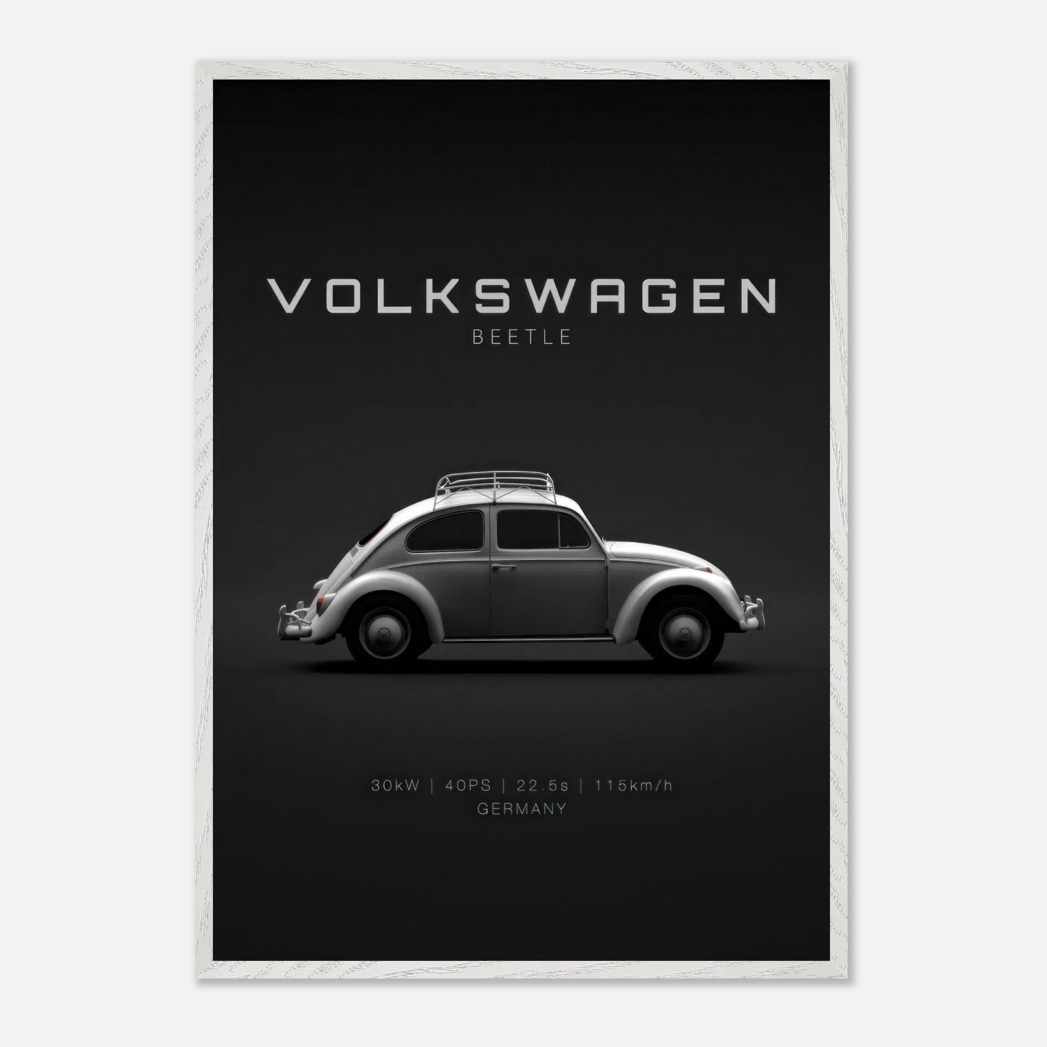 Volkswagen Beetle vintage art print showcasing sleek silver design on a minimalist black background.