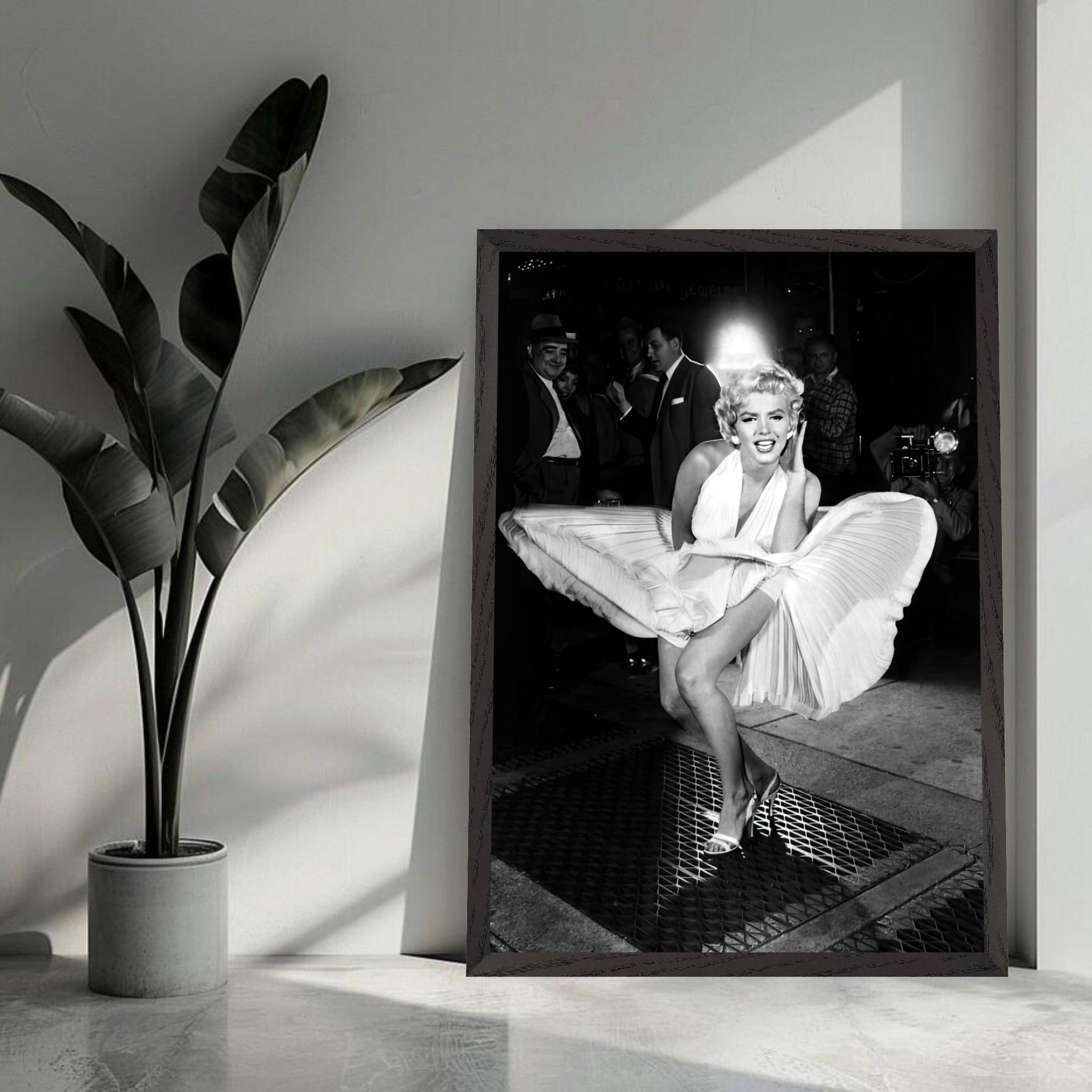 Marilyn Monroe in iconic white dress, surprised by wind, captured in a timeless fine art print.